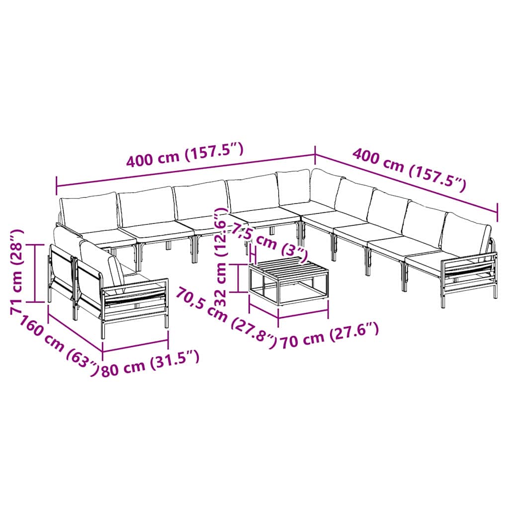 Gartensofa-set mit Kissen 12 pcs Schwarz Stahl