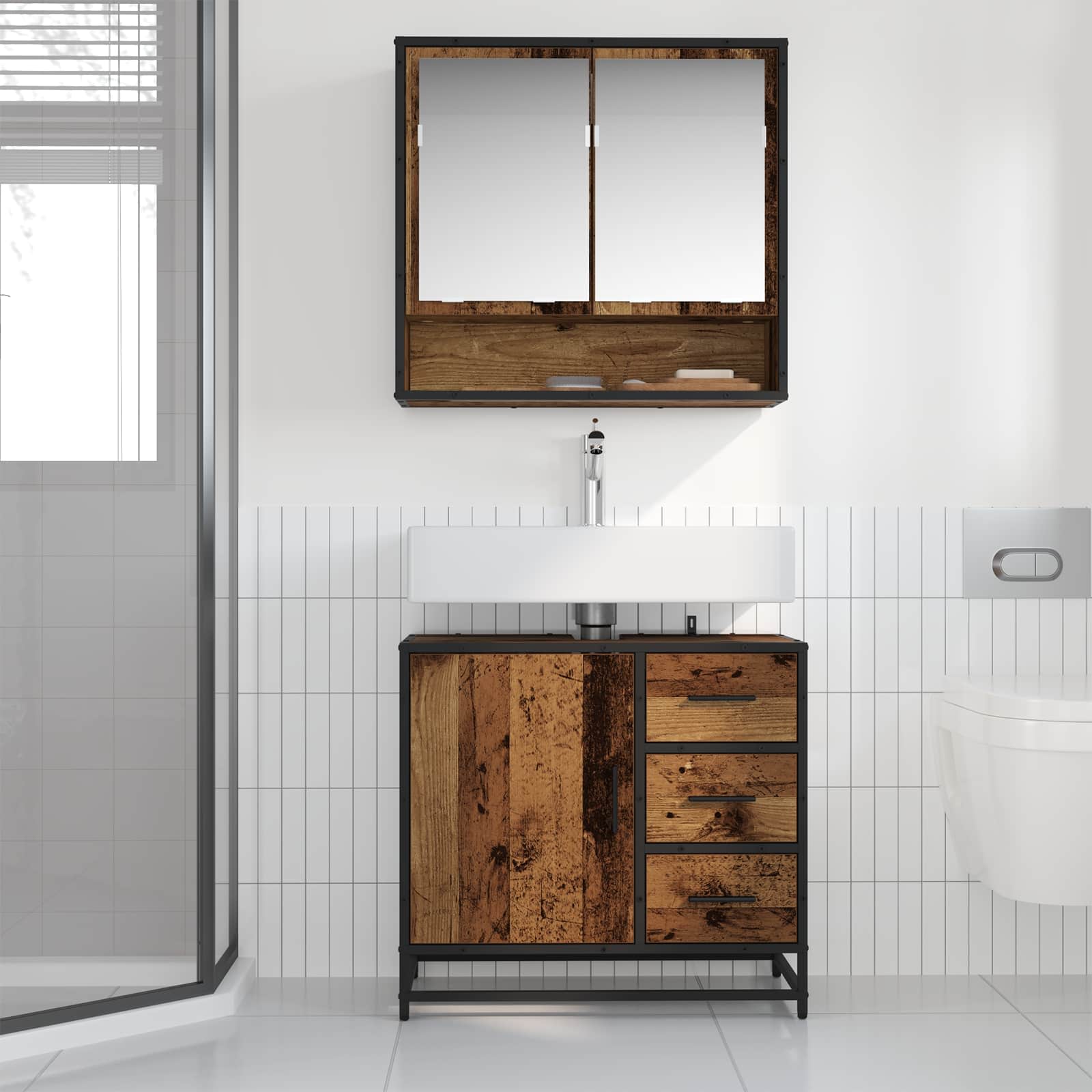 Badezimmerschrank mit Tür Altholz 65 x 33 x 60 cm Holzwerkstoff