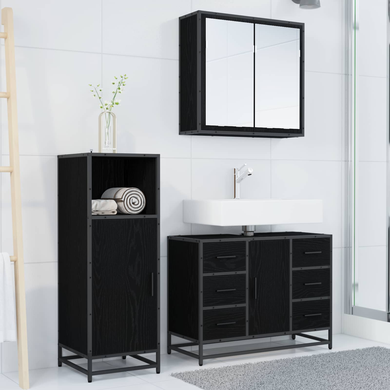 Badezimmermöbel-Set 3 pcs Schwarz Eichen-Optik Holzwerkstoff