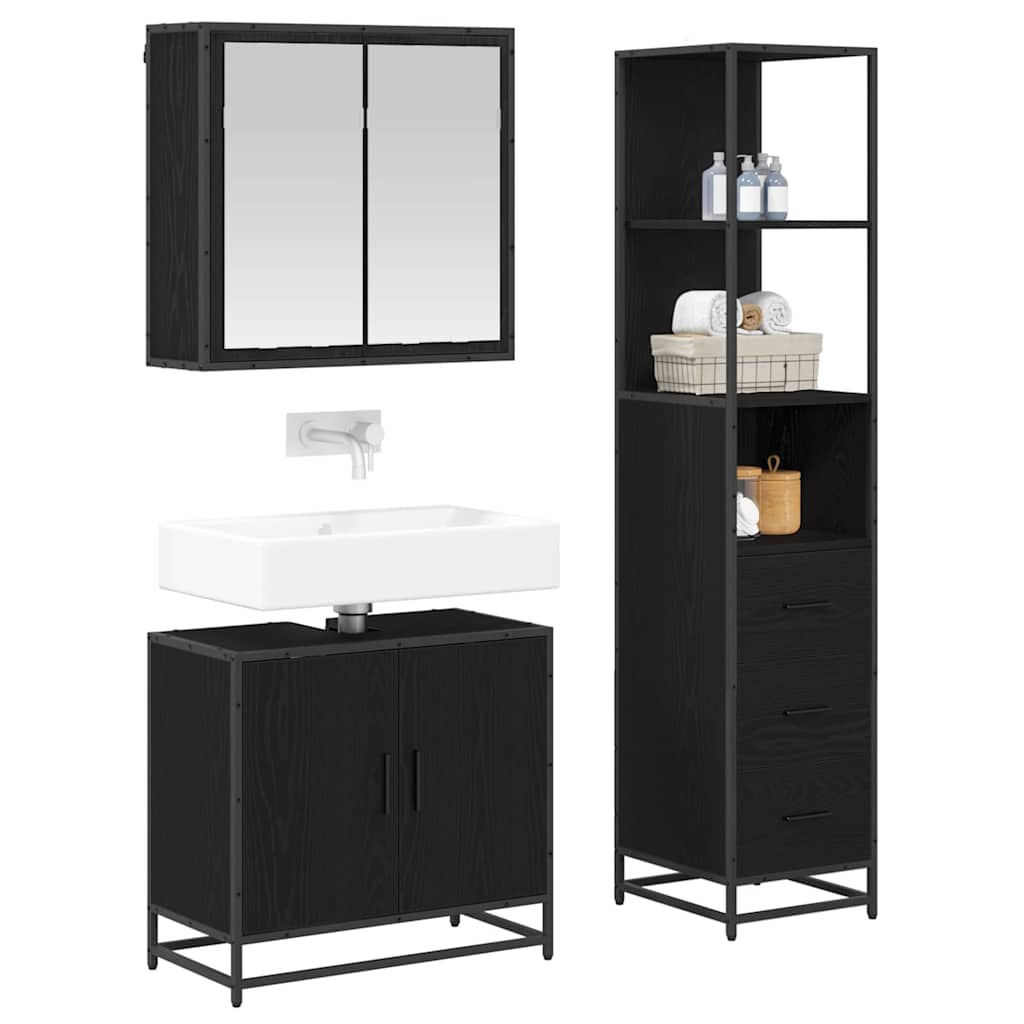 Badezimmermöbel-Set 3 pcs Schwarz Eichen-Optik Holzwerkstoff