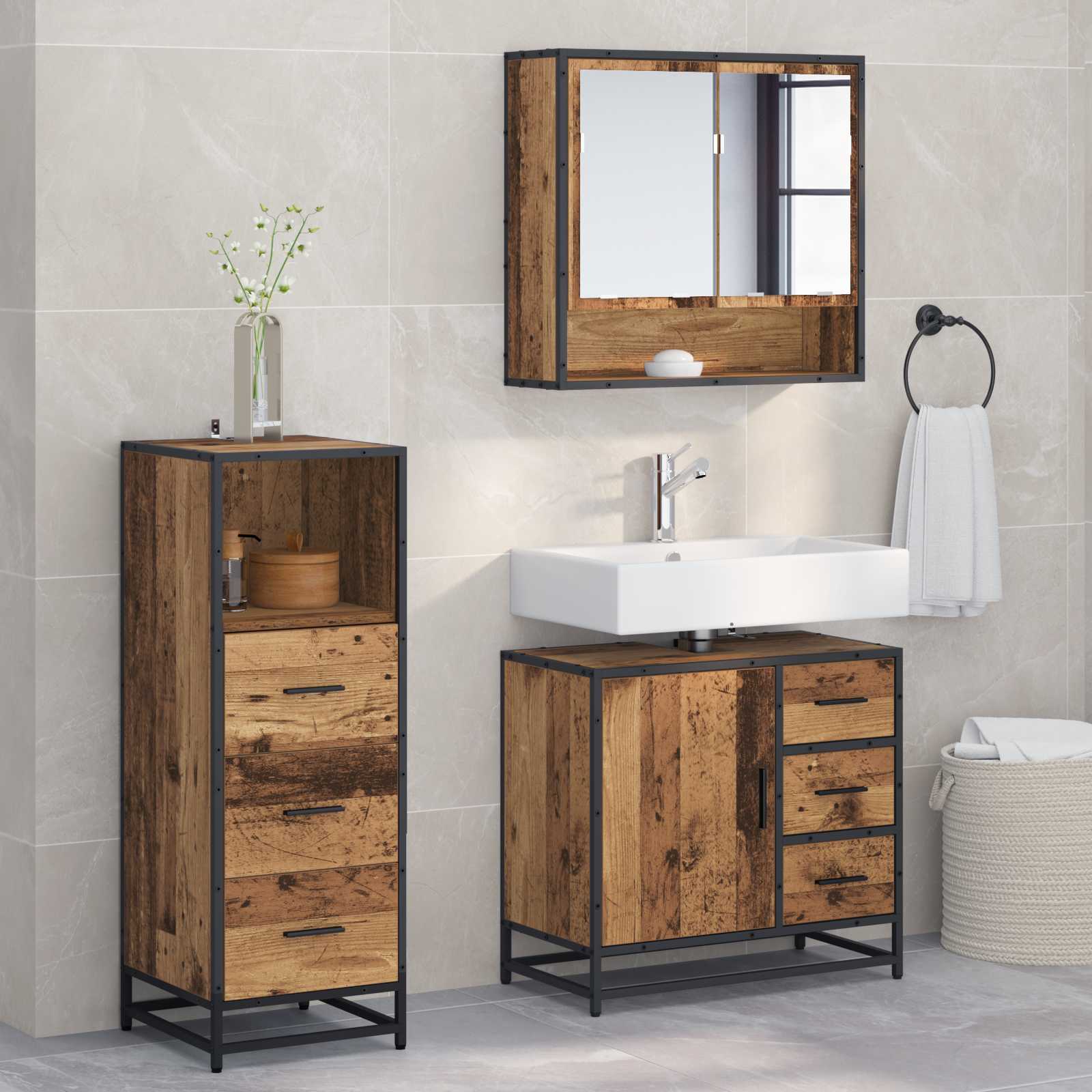 Badezimmermöbel-Set mit Schubladen 3 pcs Altholz Holzwerkstoff
