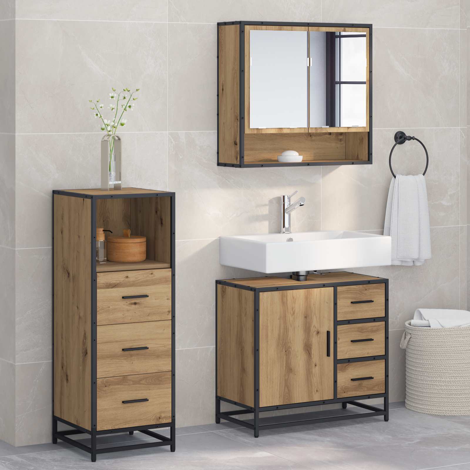 Badezimmermöbel-Set mit Regal 3 pcs Artisan-Eiche Holzwerkstoff