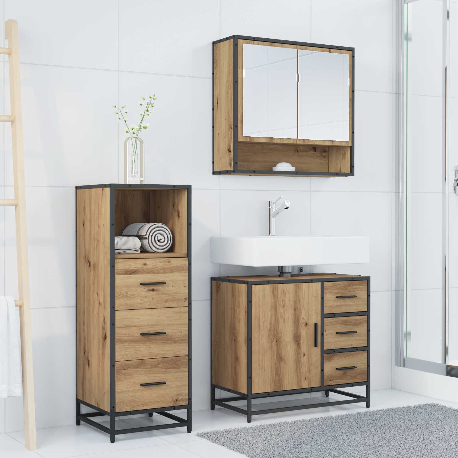 Badezimmermöbel-Set mit Regal 3 pcs Artisan-Eiche Holzwerkstoff