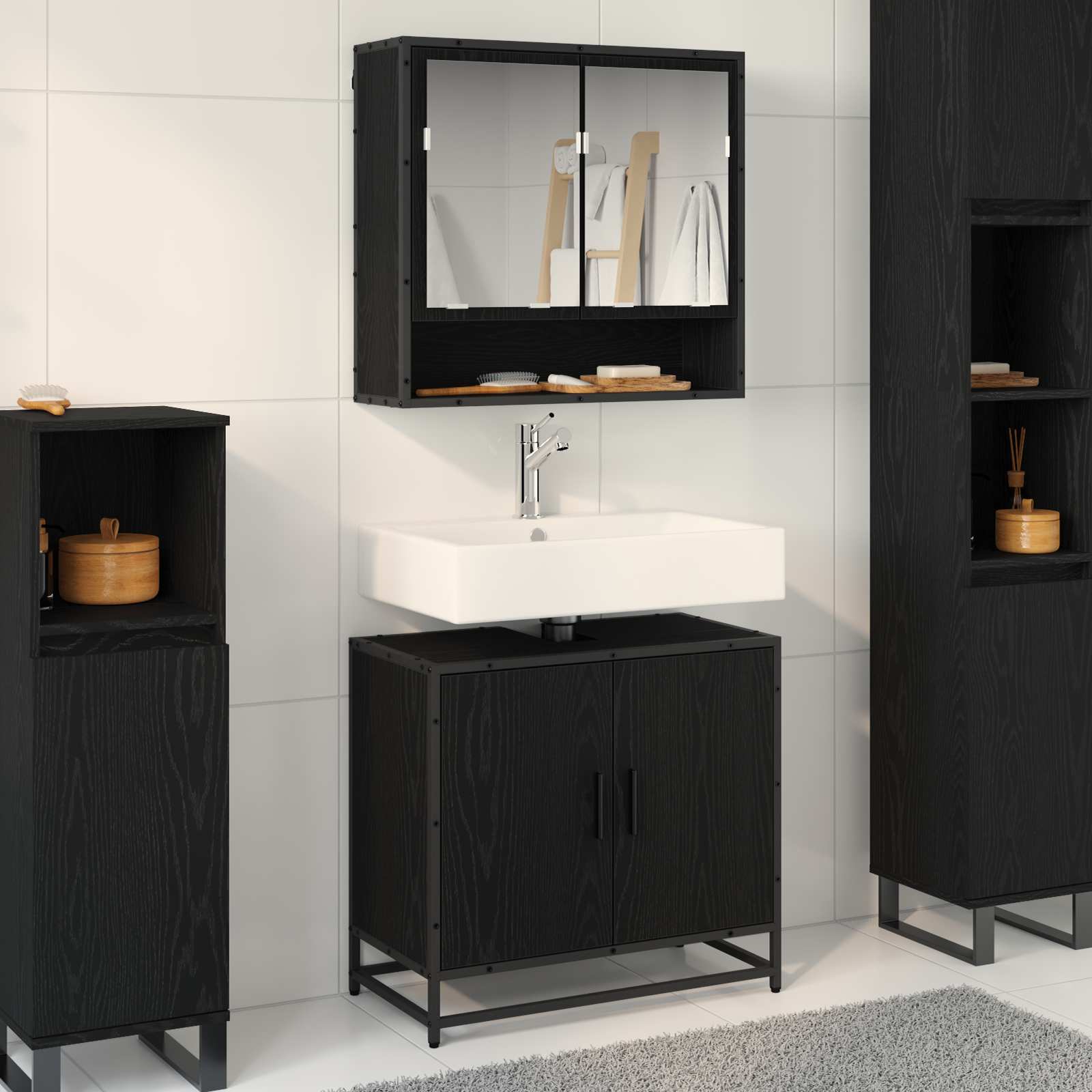 Badezimmermöbel-Set 2 pcs Schwarz Eichen-Optik Holzwerkstoff