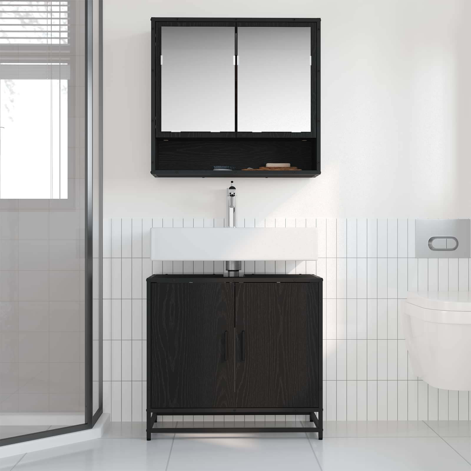 Badezimmermöbel-Set 2 pcs Schwarz Eichen-Optik Holzwerkstoff