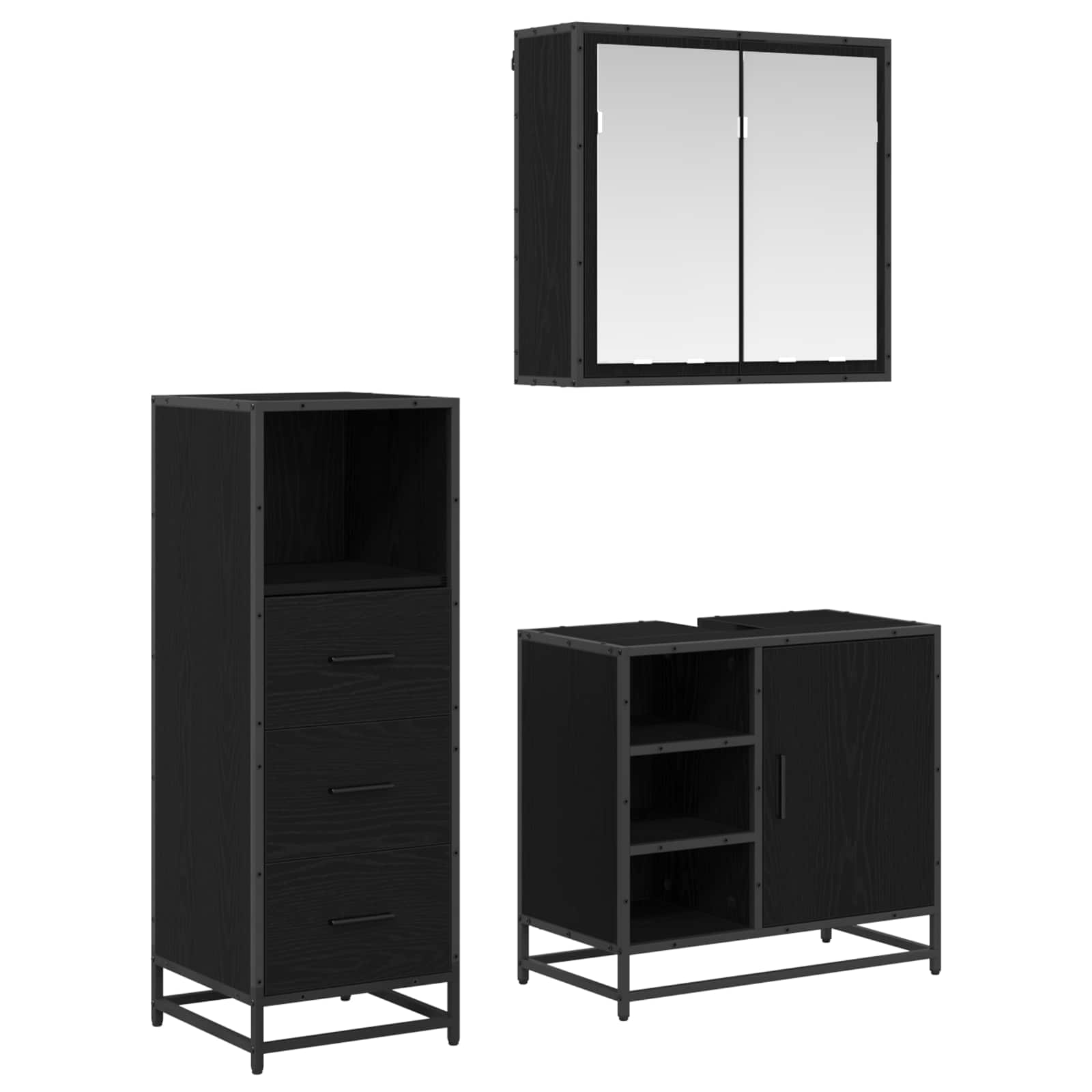 Badezimmermöbel-Set 3 pcs Schwarz Eichen-Optik Holzwerkstoff
