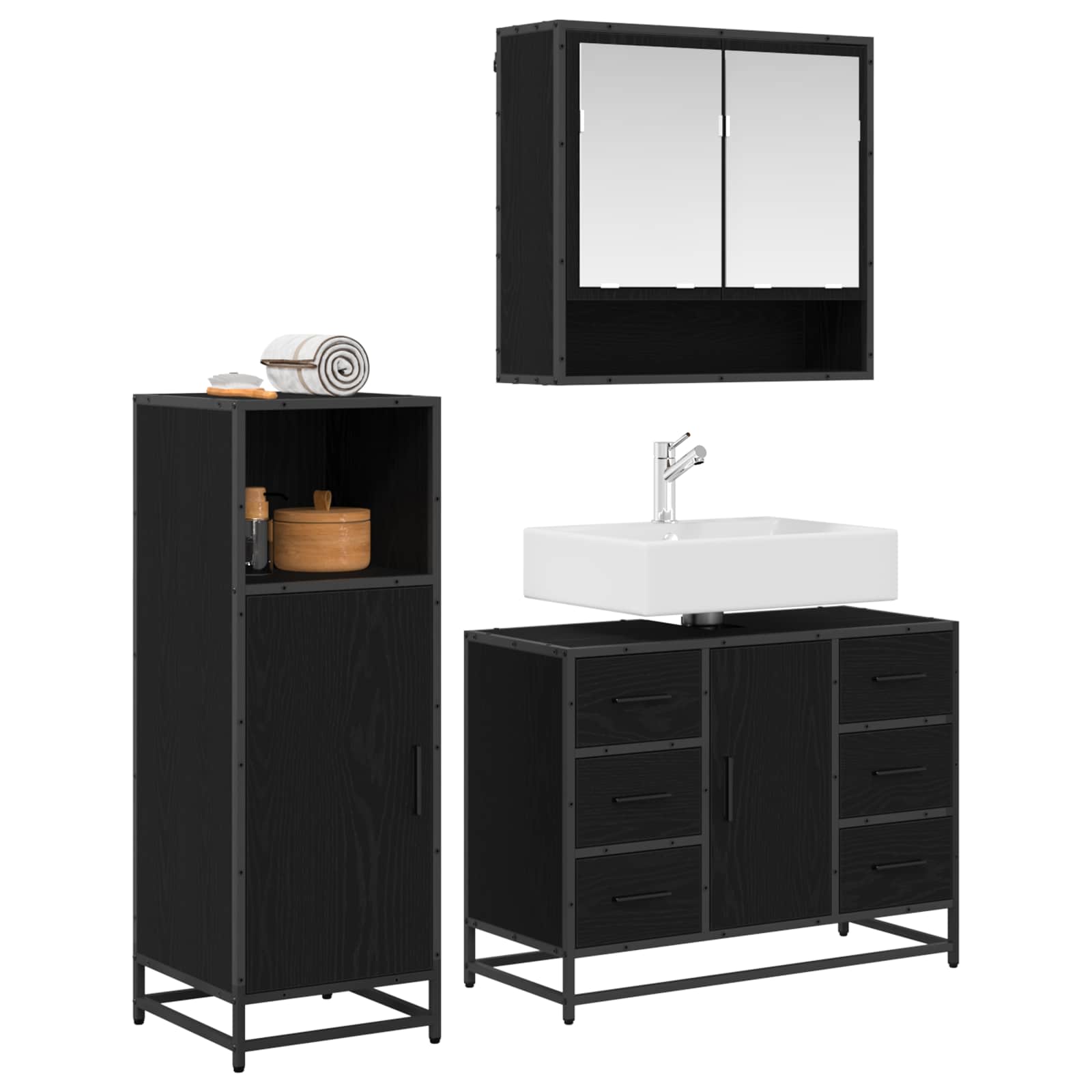 Badezimmermöbel-Set 3 pcs Schwarz Eichen-Optik Holzwerkstoff
