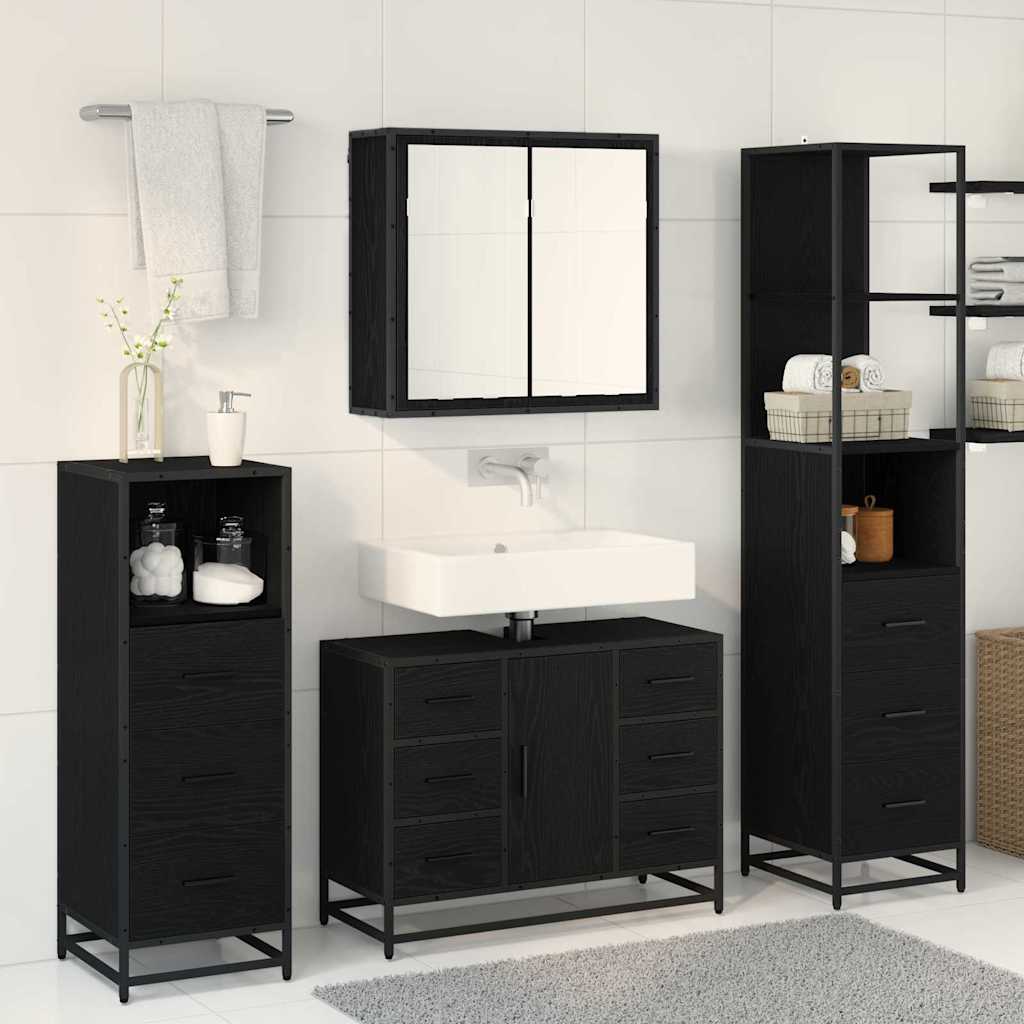 Badezimmermöbel-Set 3 pcs Schwarz Eichen-Optik Holzwerkstoff