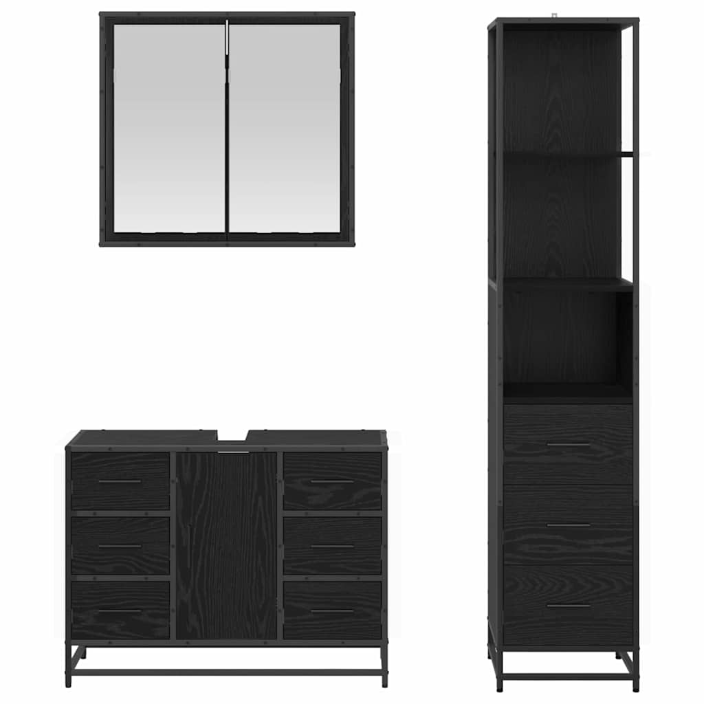 Badezimmermöbel-Set 3 pcs Schwarz Eichen-Optik Holzwerkstoff