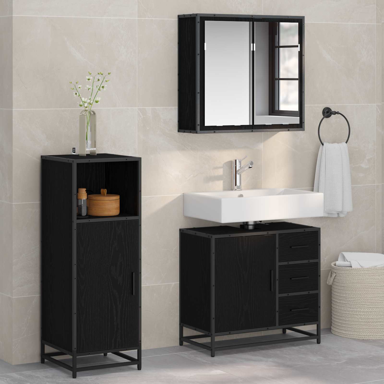 Badezimmermöbel-Set 3 pcs Schwarz Eichen-Optik Holzwerkstoff