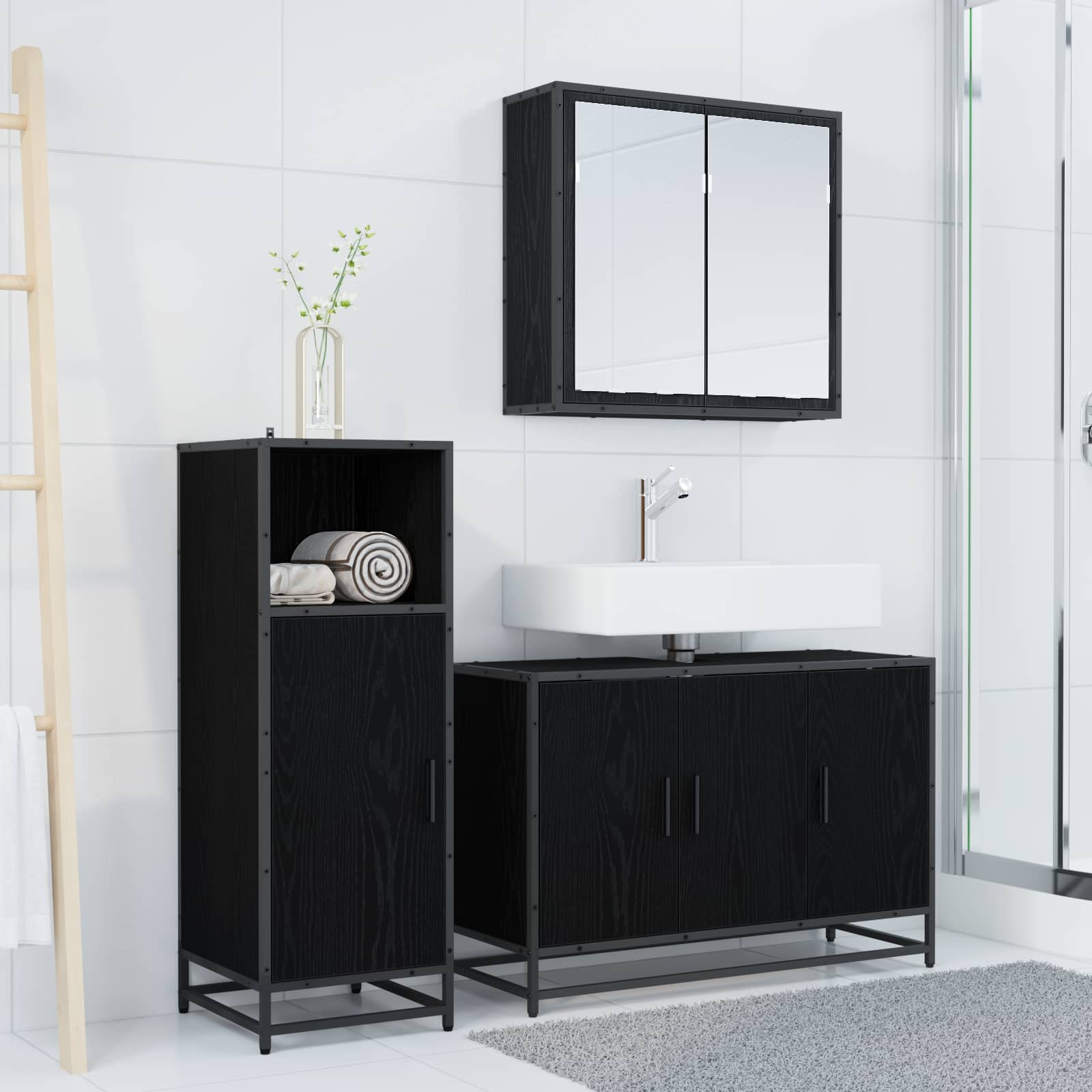 Badezimmermöbel-Set 3 pcs Schwarz Eichen-Optik Holzwerkstoff