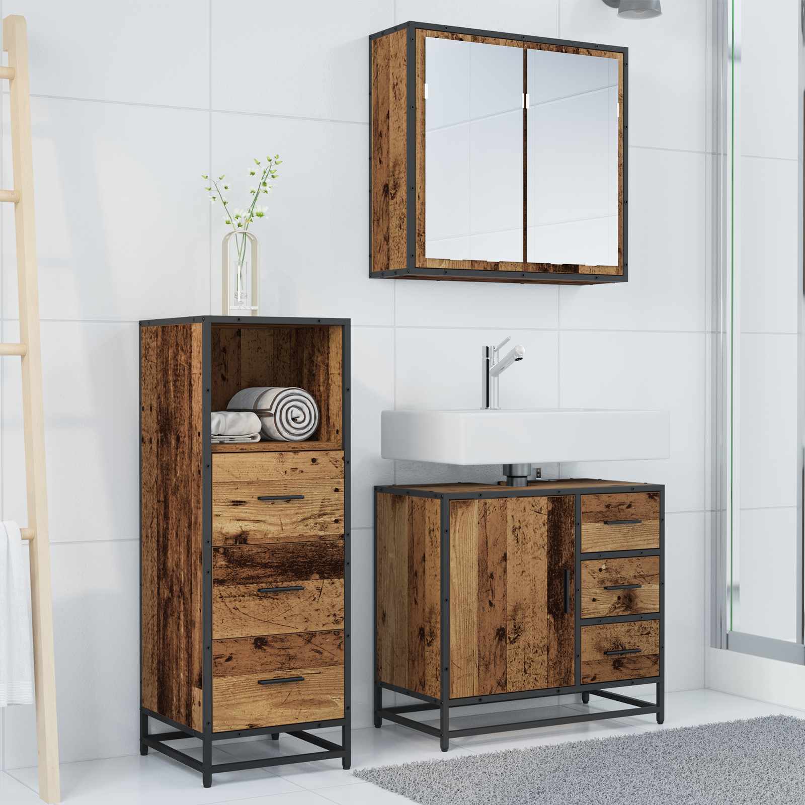 Badezimmermöbel-Set mit Schubladen 3 pcs Altholz Holzwerkstoff