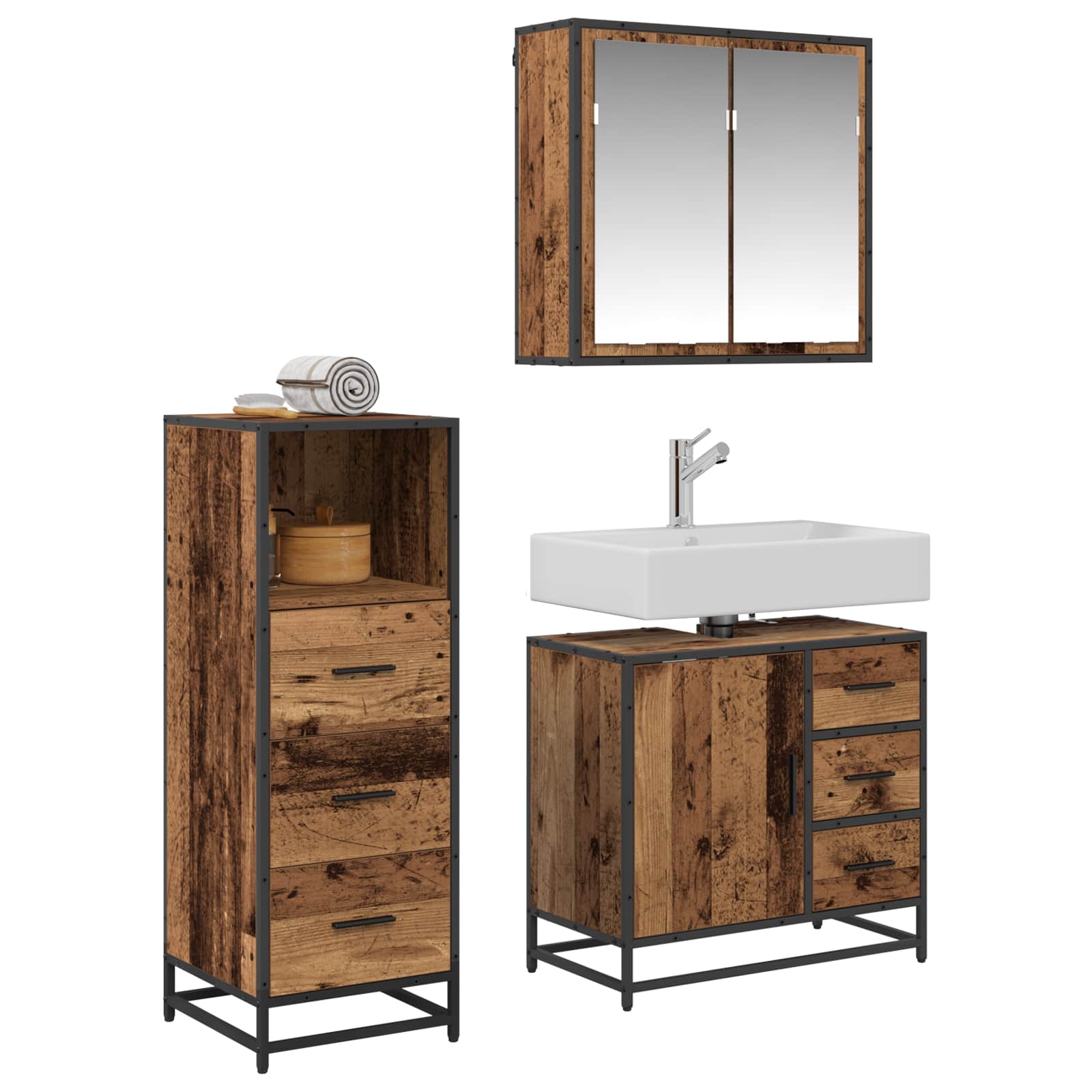 Badezimmermöbel-Set mit Schubladen 3 pcs Altholz Holzwerkstoff