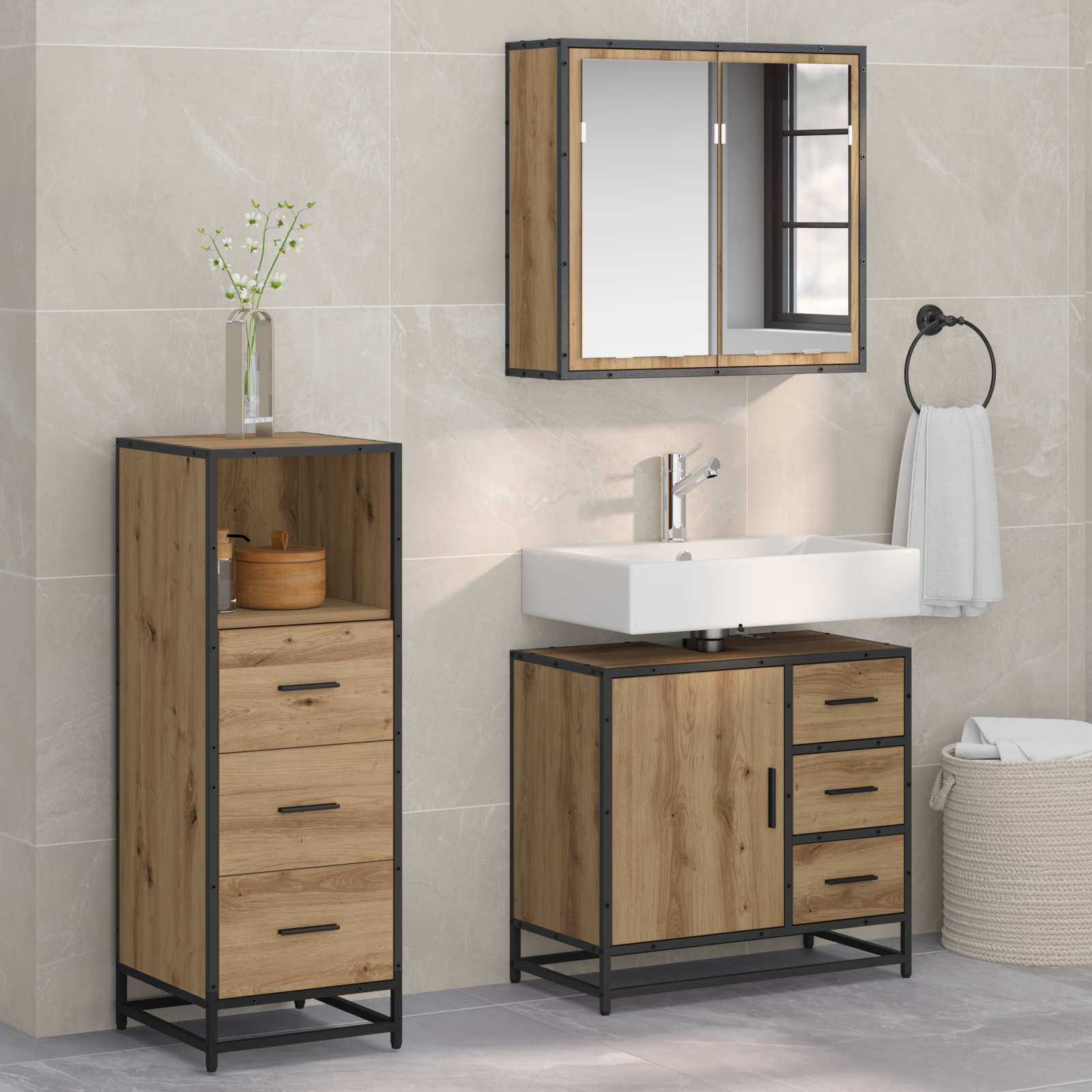 Badezimmermöbel-Set mit Regal 3 pcs Artisan-Eiche Holzwerkstoff