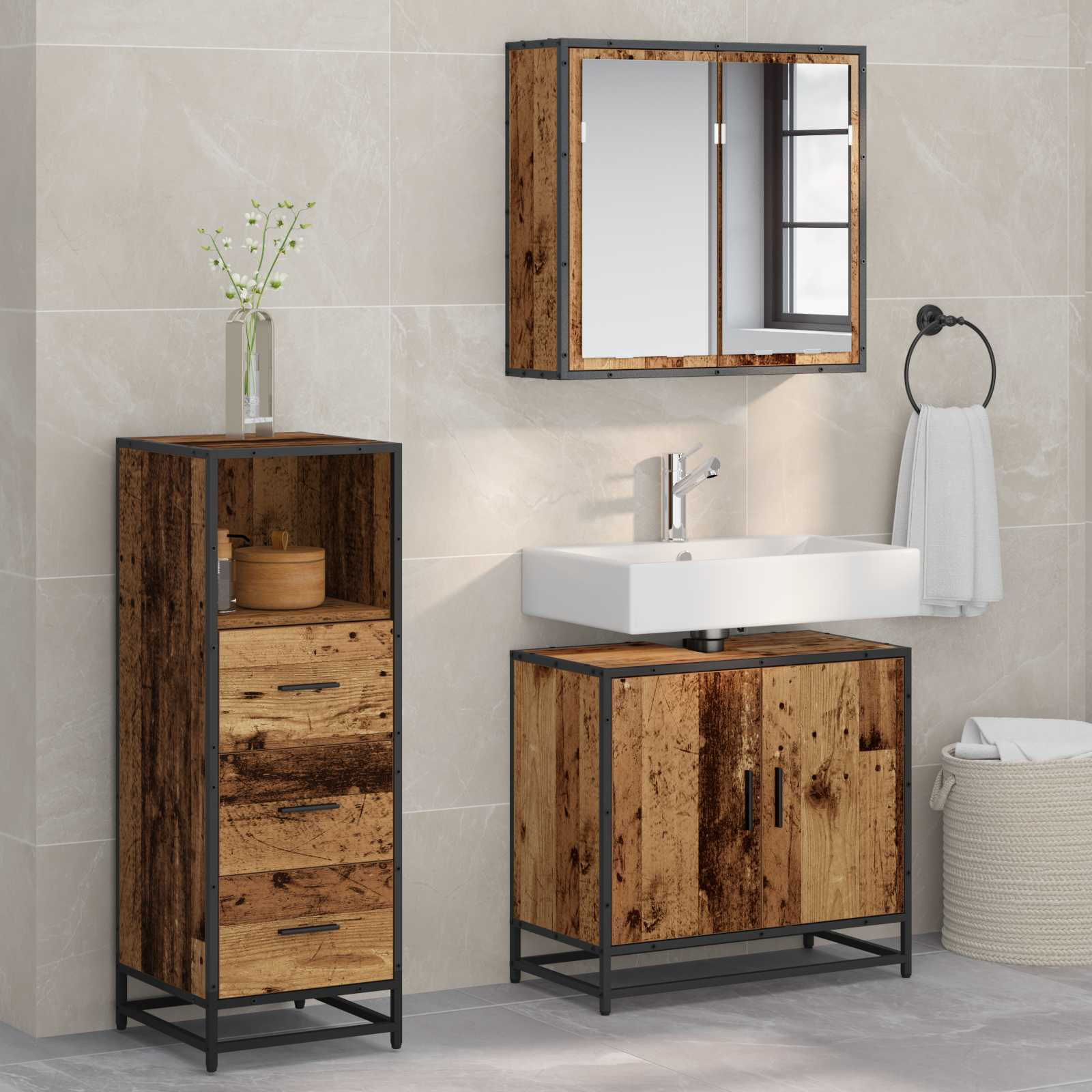 Badezimmermöbel-Set mit Schubladen 3 pcs Altholz Holzwerkstoff