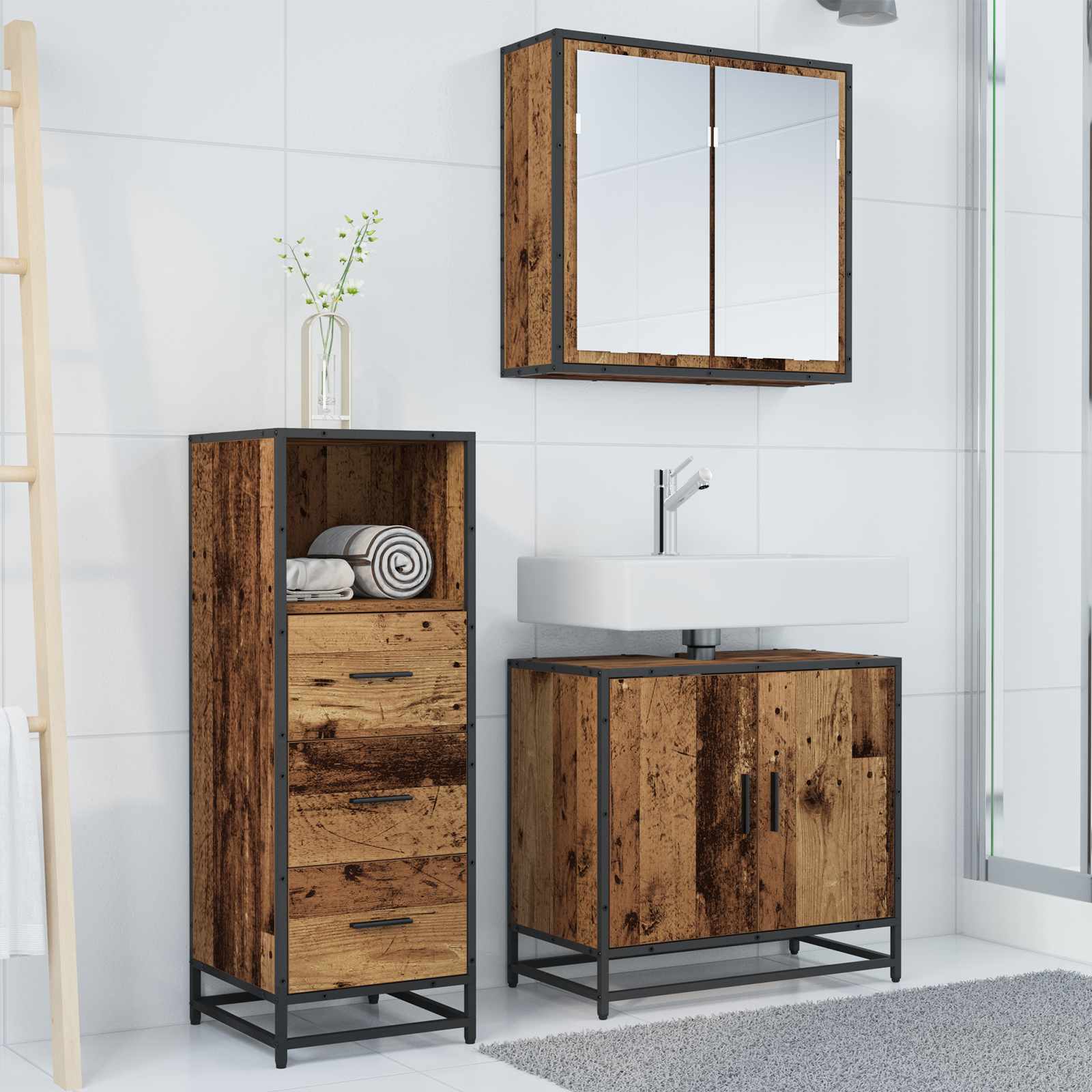 Badezimmermöbel-Set mit Schubladen 3 pcs Altholz Holzwerkstoff