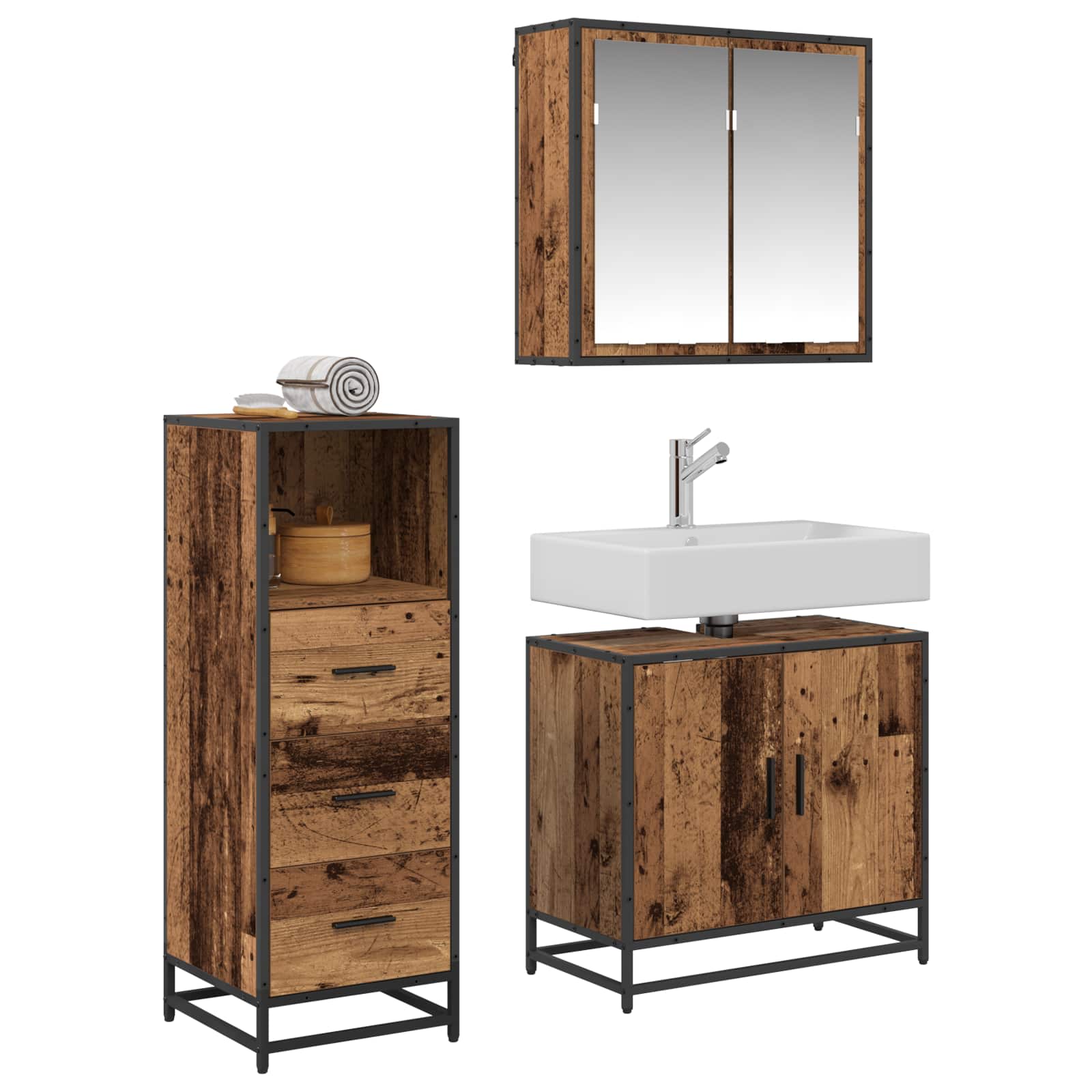 Badezimmermöbel-Set mit Schubladen 3 pcs Altholz Holzwerkstoff
