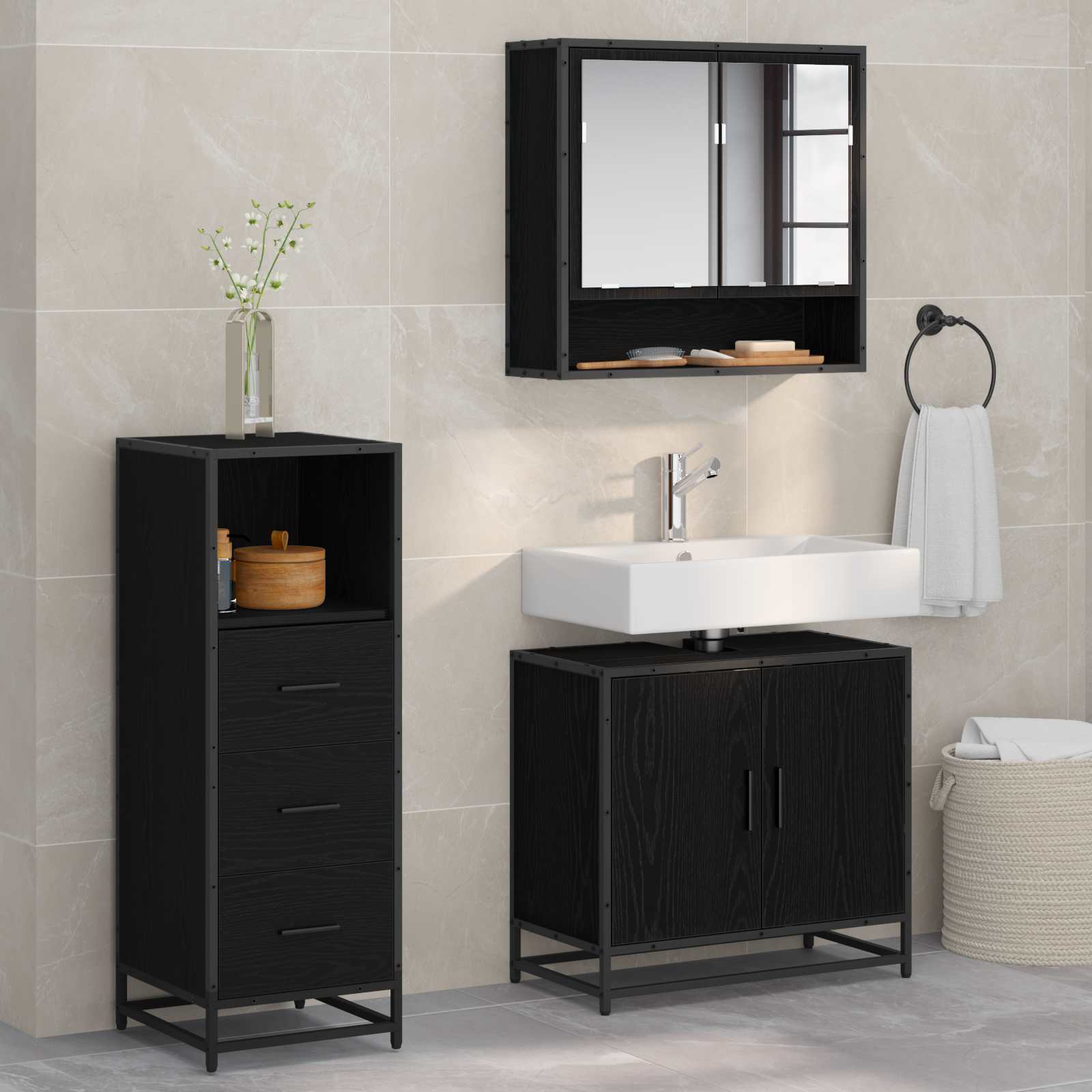 Badezimmermöbel-Set 3 pcs Schwarz Eichen-Optik Holzwerkstoff