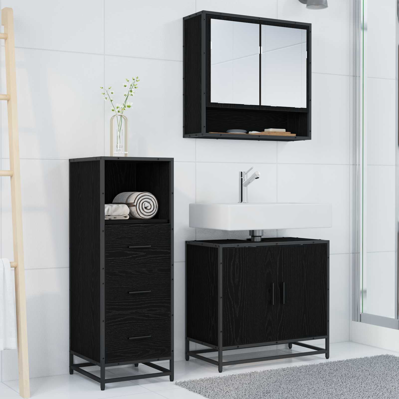 Badezimmermöbel-Set 3 pcs Schwarz Eichen-Optik Holzwerkstoff