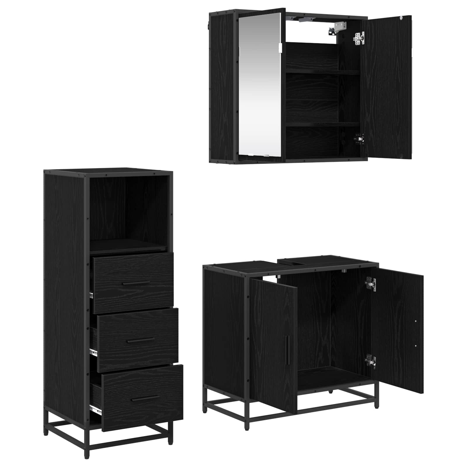 Badezimmermöbel-Set 3 pcs Schwarz Eichen-Optik Holzwerkstoff