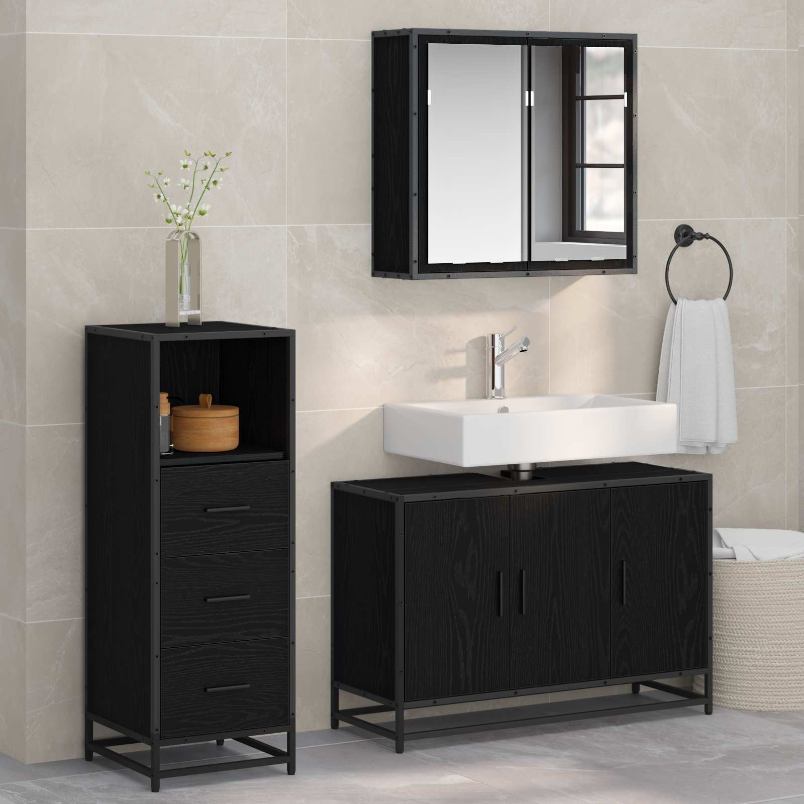 Badezimmermöbel-Set 3 pcs Schwarz Eichen-Optik Holzwerkstoff