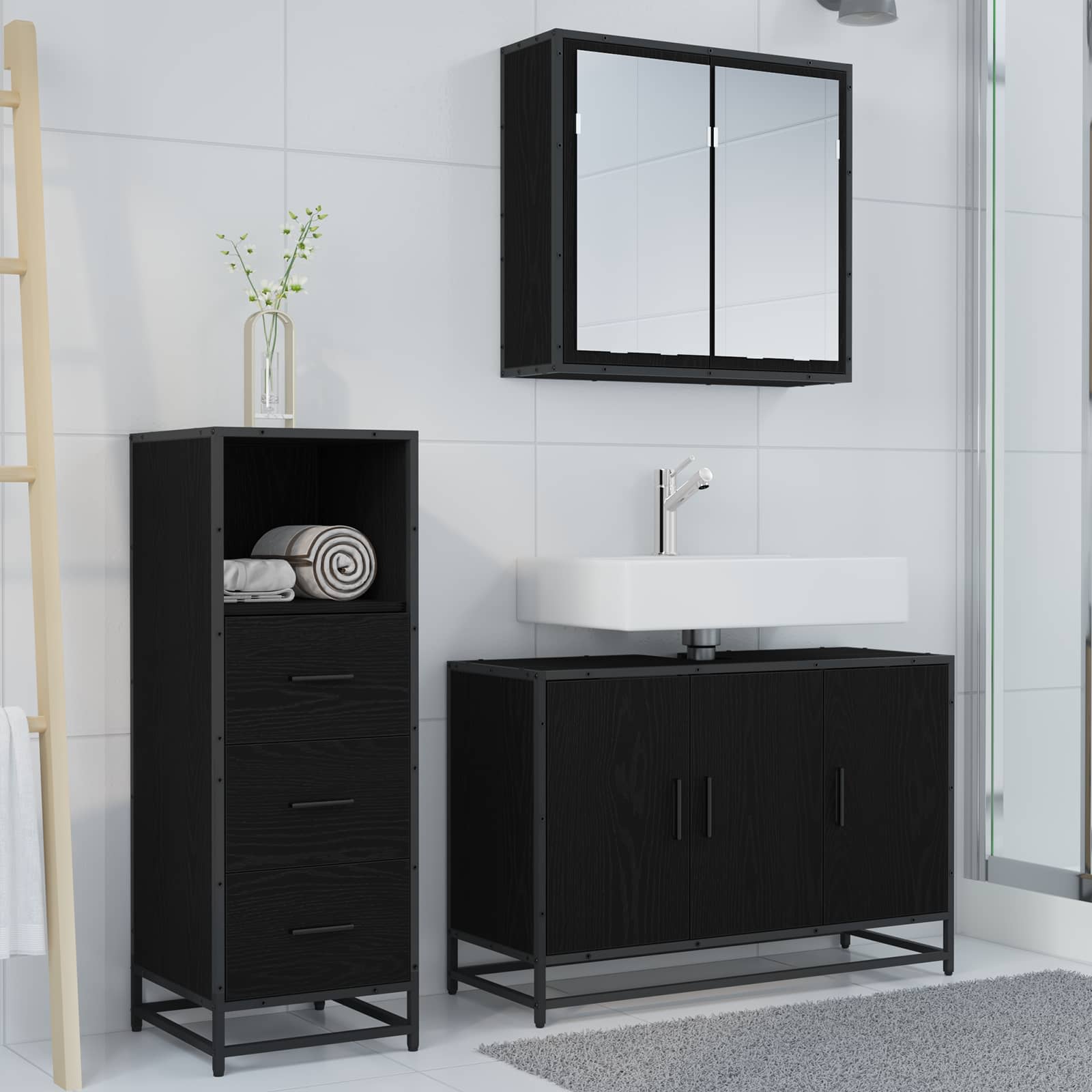 Badezimmermöbel-Set 3 pcs Schwarz Eichen-Optik Holzwerkstoff