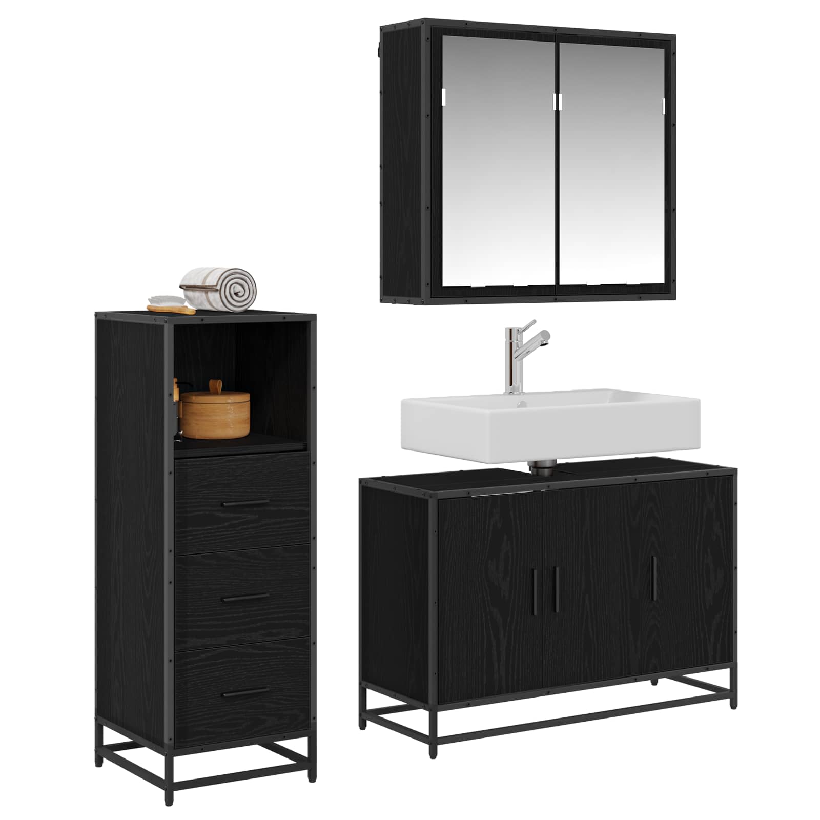 Badezimmermöbel-Set 3 pcs Schwarz Eichen-Optik Holzwerkstoff