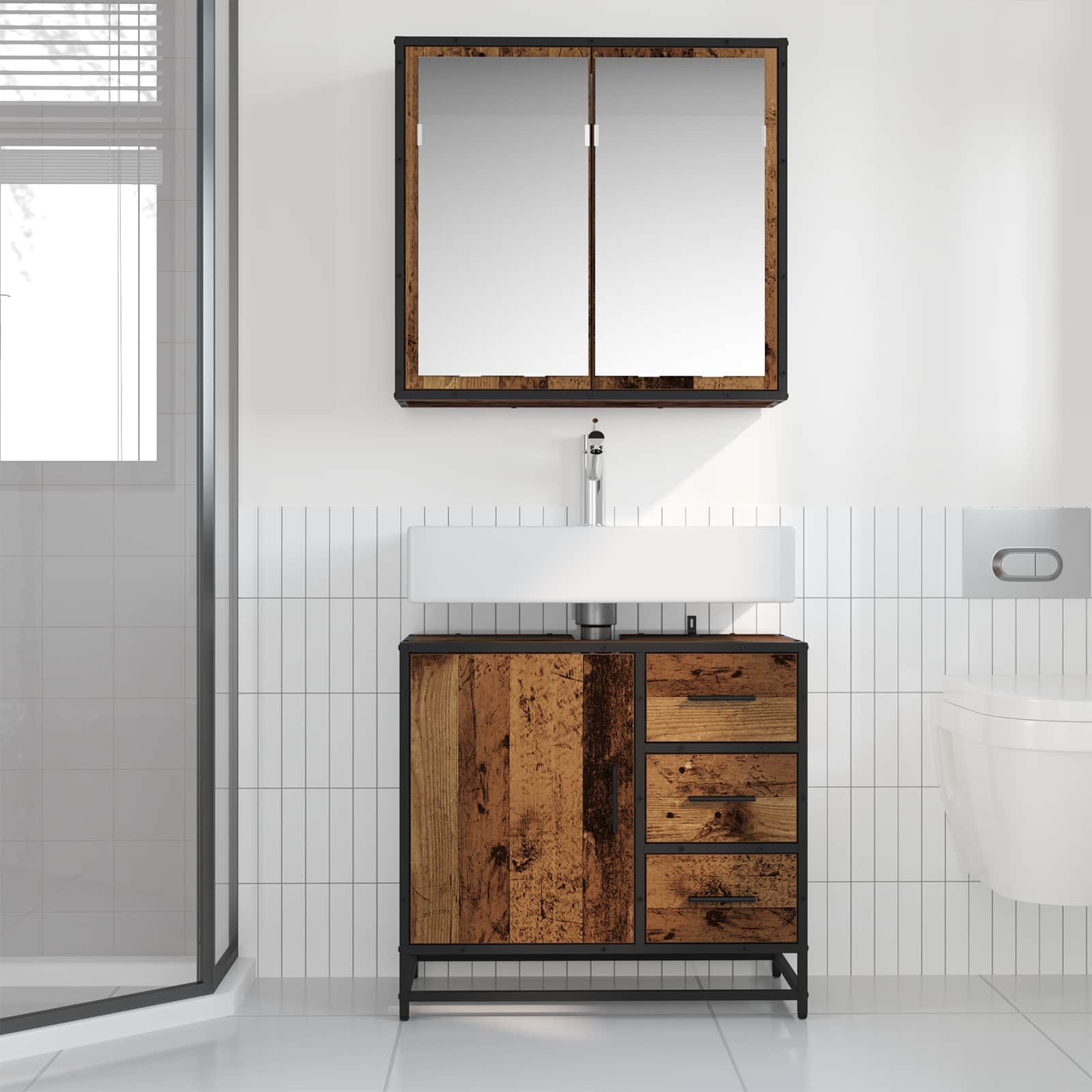 Badezimmermöbel-Set mit Regal 2 pcs Altholz Holzwerkstoff