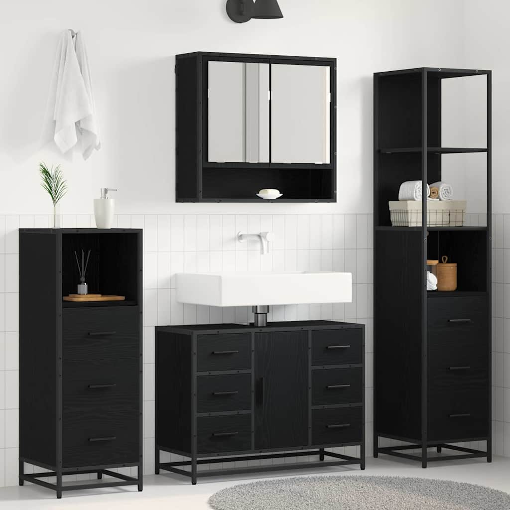 Badezimmermöbel-Set 4 pcs Schwarz Eichen-Optik Holzwerkstoff