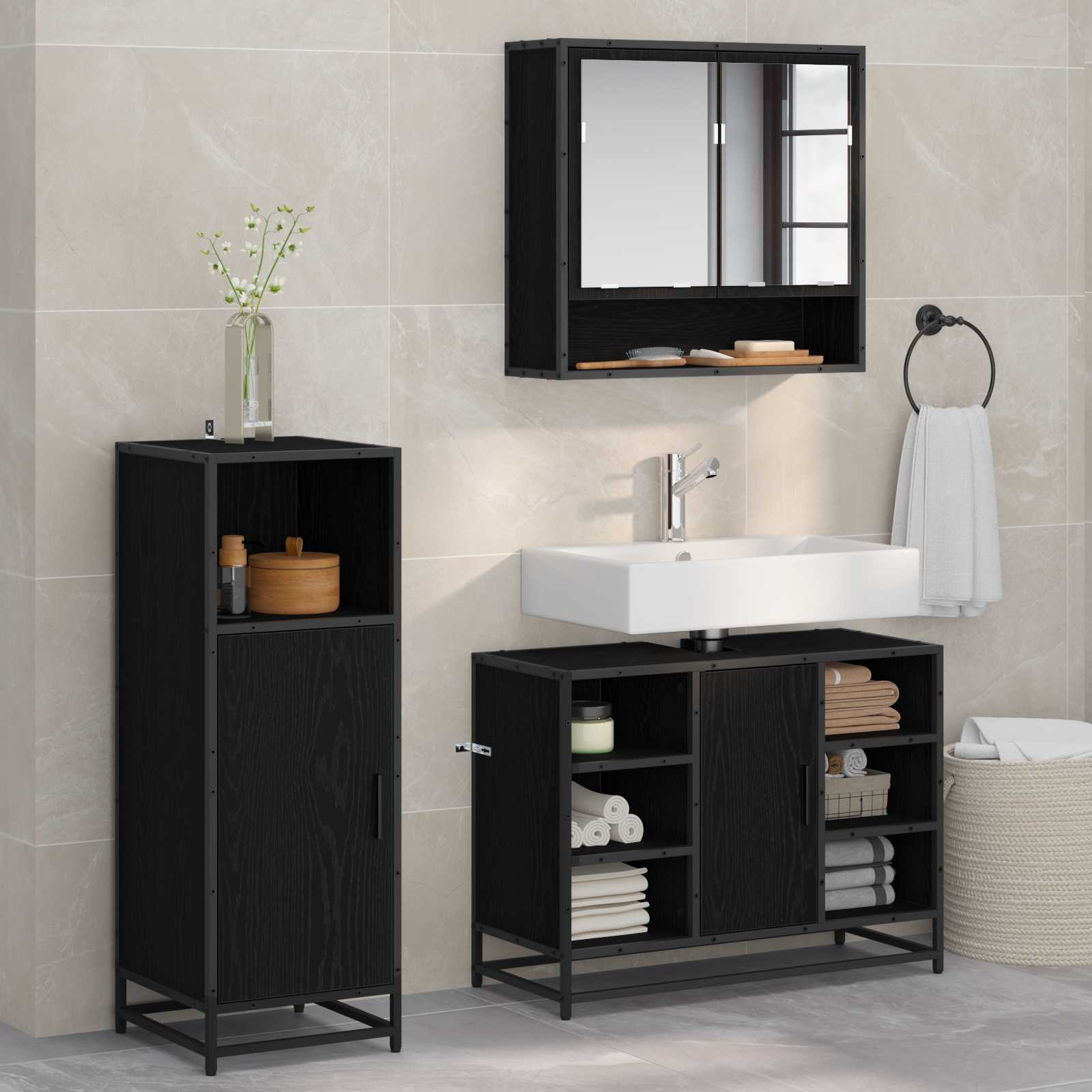 Badezimmermöbel-Set 3 pcs Schwarz Eichen-Optik Holzwerkstoff