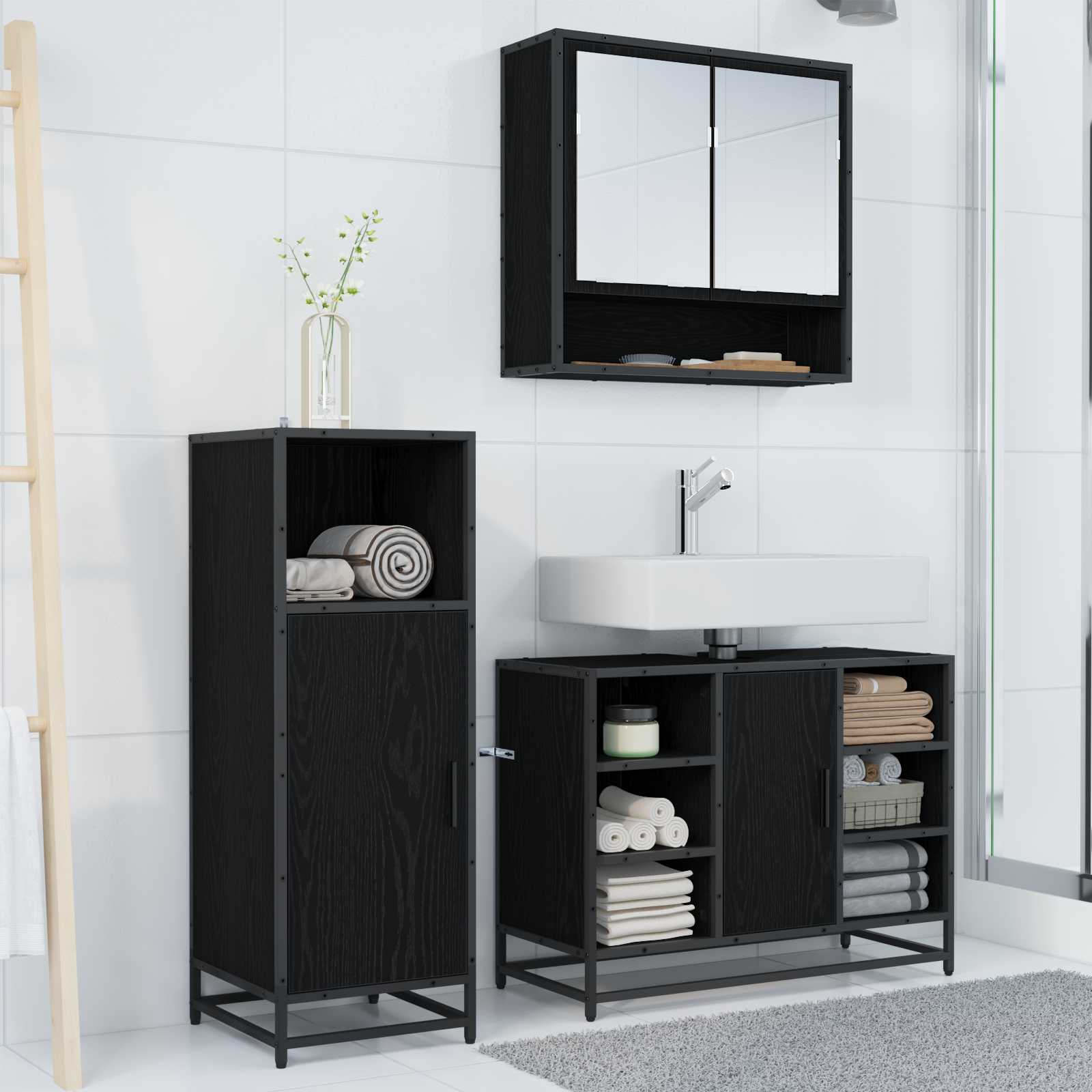 Badezimmermöbel-Set 3 pcs Schwarz Eichen-Optik Holzwerkstoff