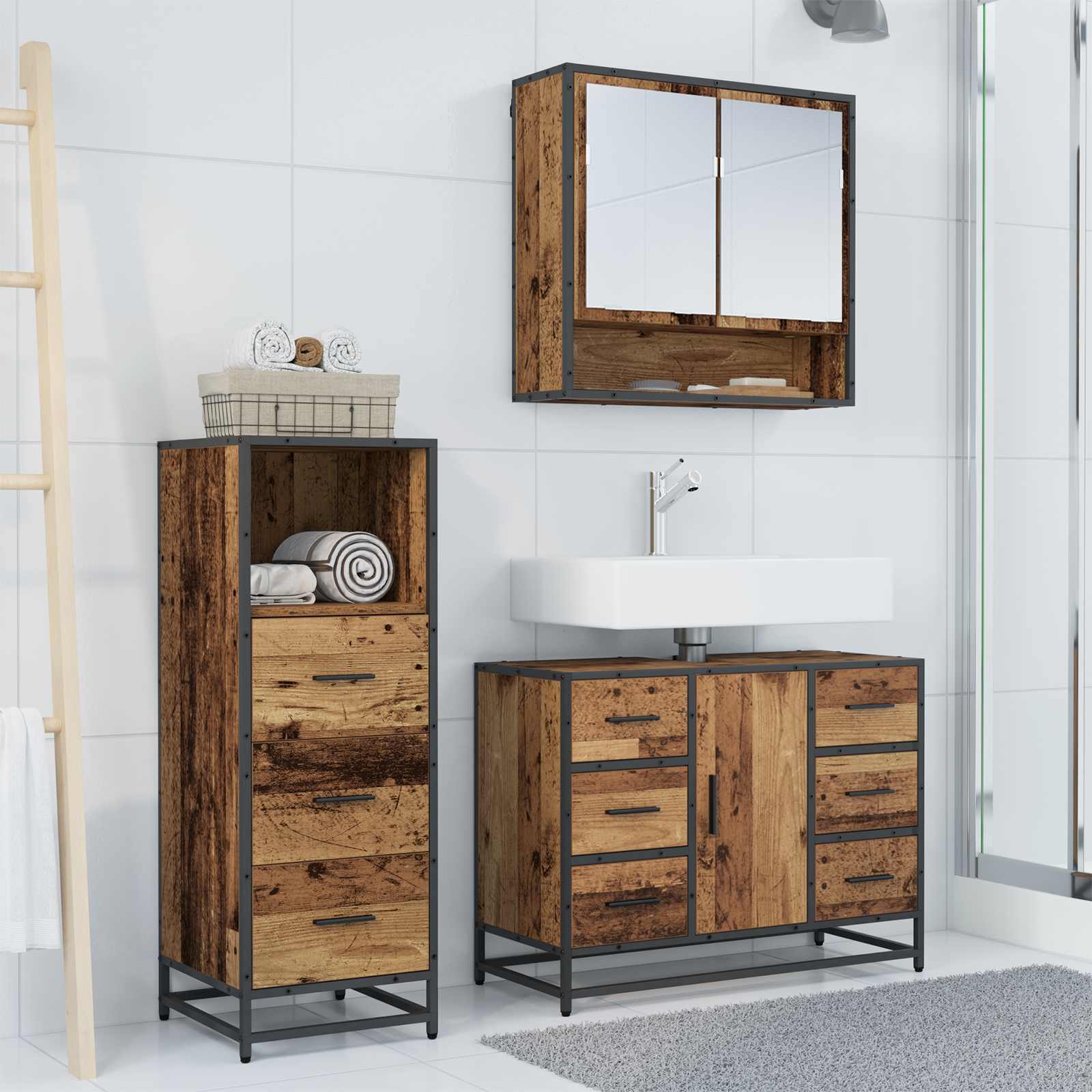 Badezimmermöbel-Set mit Schubladen 3 pcs Altholz Holzwerkstoff