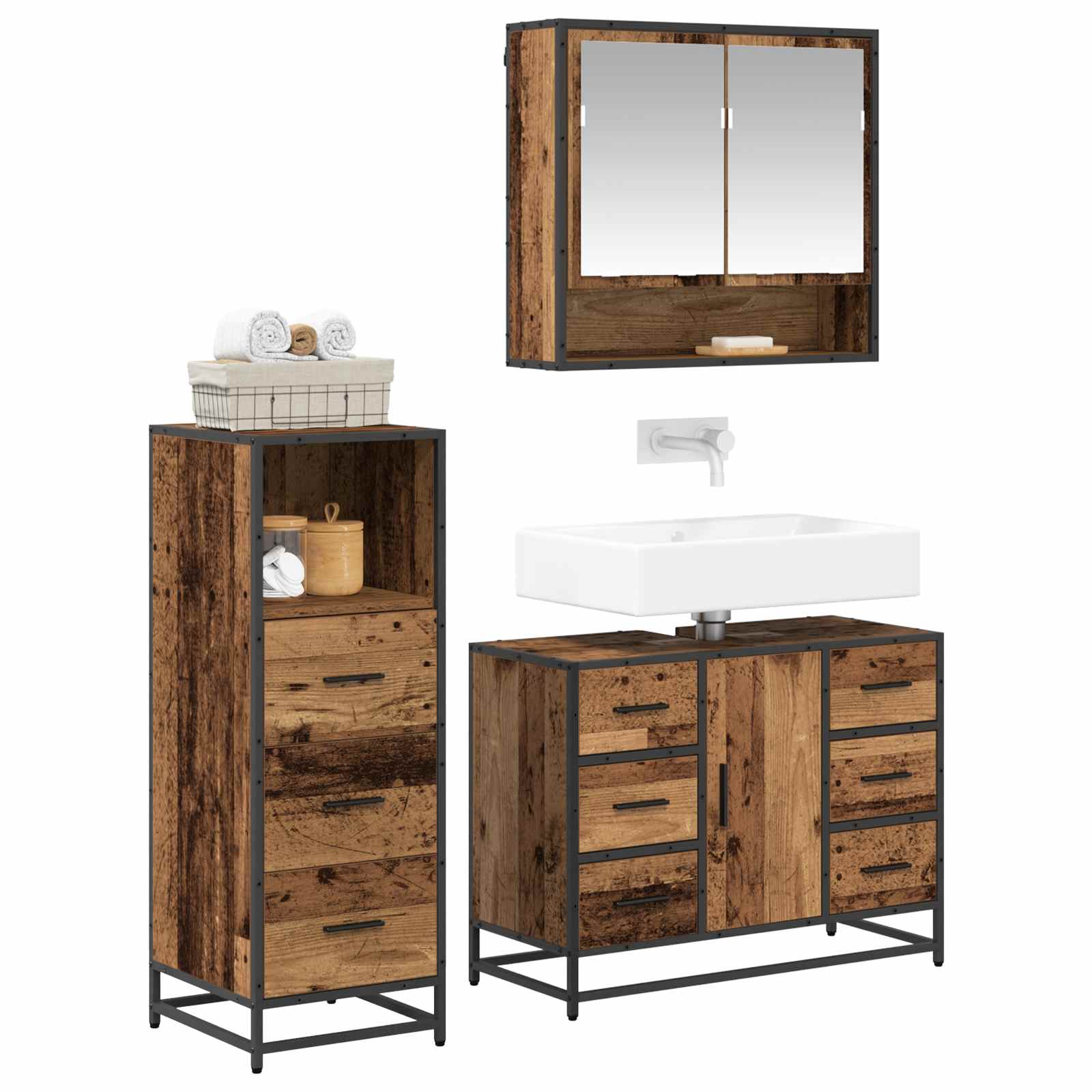Badezimmermöbel-Set mit Schubladen 3 pcs Altholz Holzwerkstoff