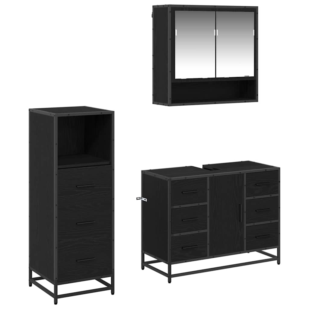 Badezimmermöbel-Set 3 pcs Schwarz Eichen-Optik Holzwerkstoff