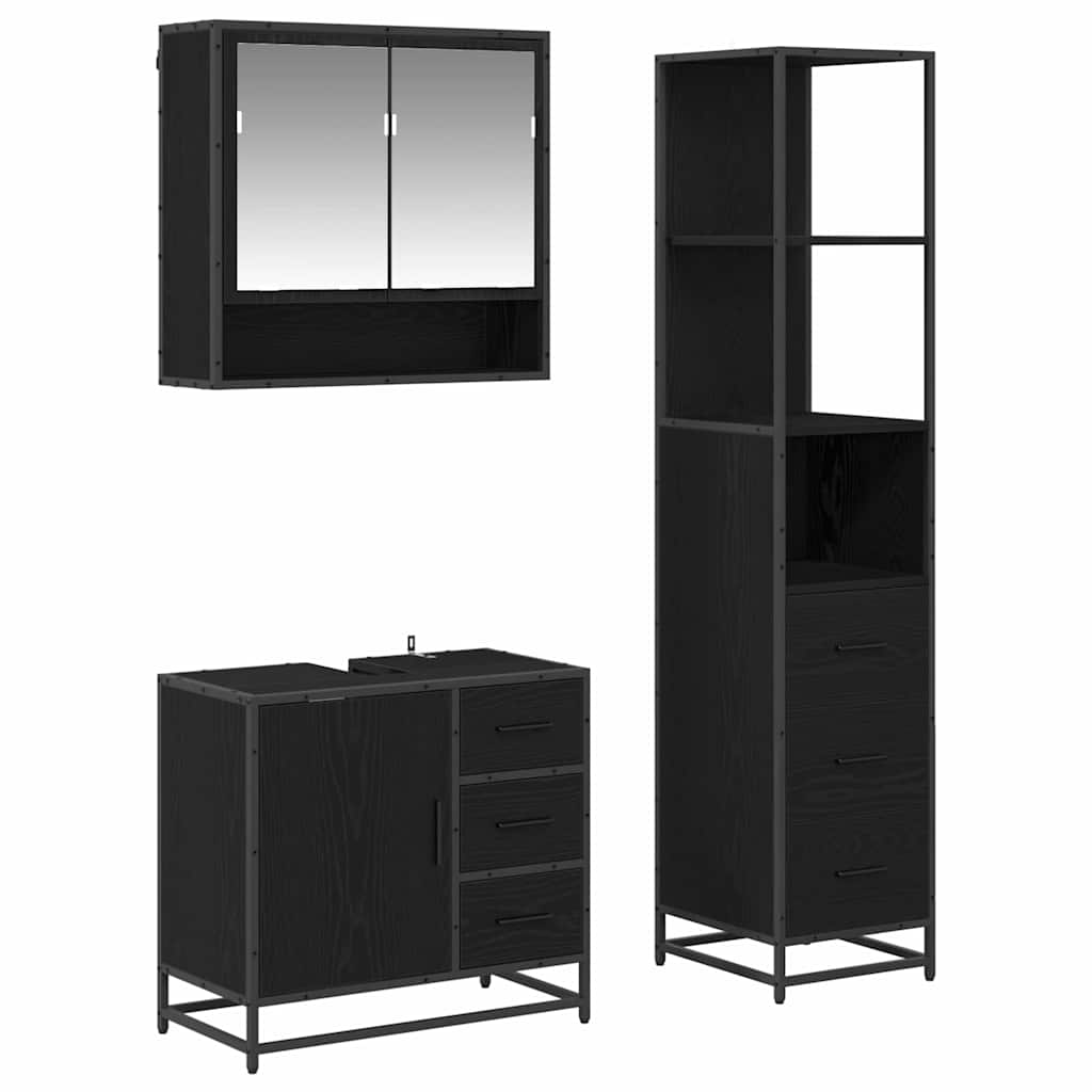 Badezimmermöbel-Set 3 pcs Schwarz Eichen-Optik Holzwerkstoff