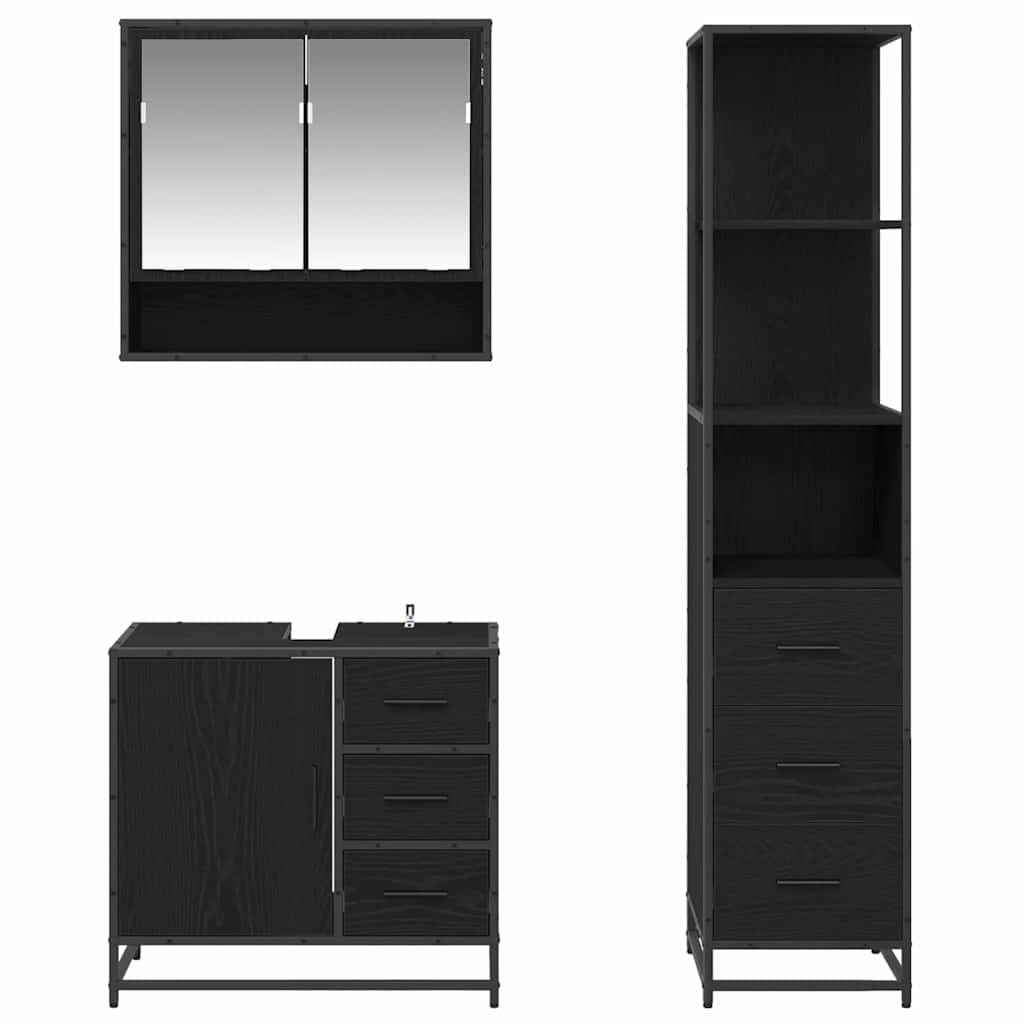 Badezimmermöbel-Set 3 pcs Schwarz Eichen-Optik Holzwerkstoff