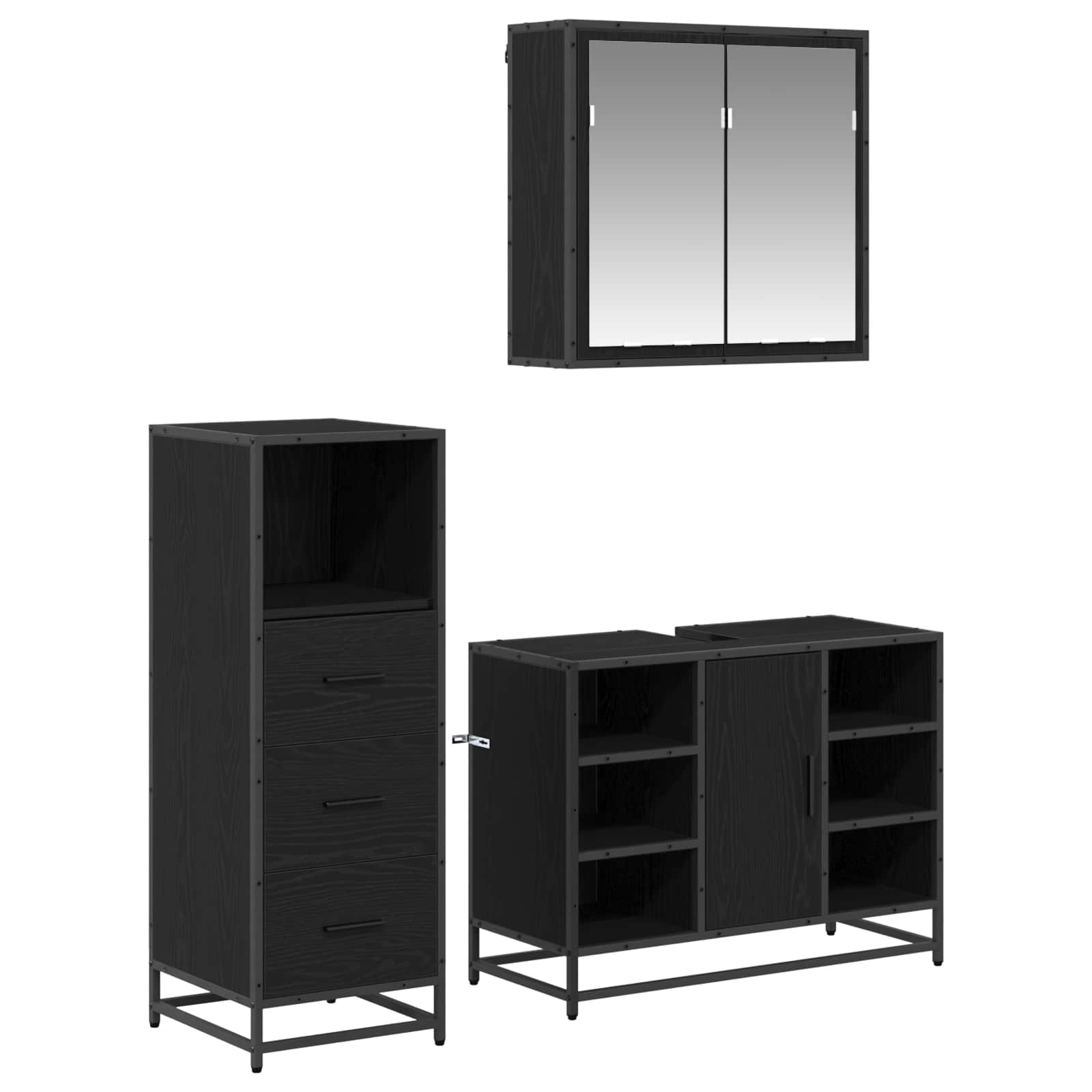 Badezimmermöbel-Set 3 pcs Schwarz Eichen-Optik Holzwerkstoff