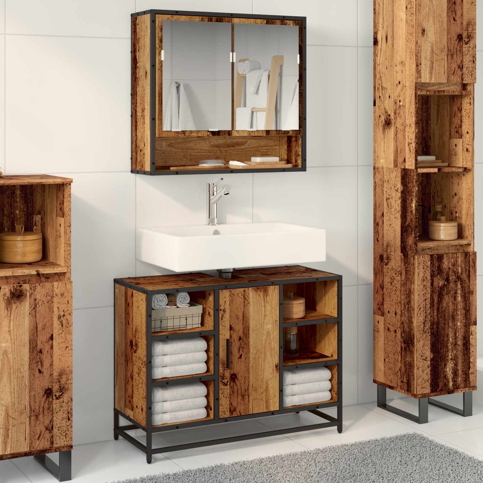 Badezimmermöbel-Set mit Regal 2 pcs Altholz Holzwerkstoff