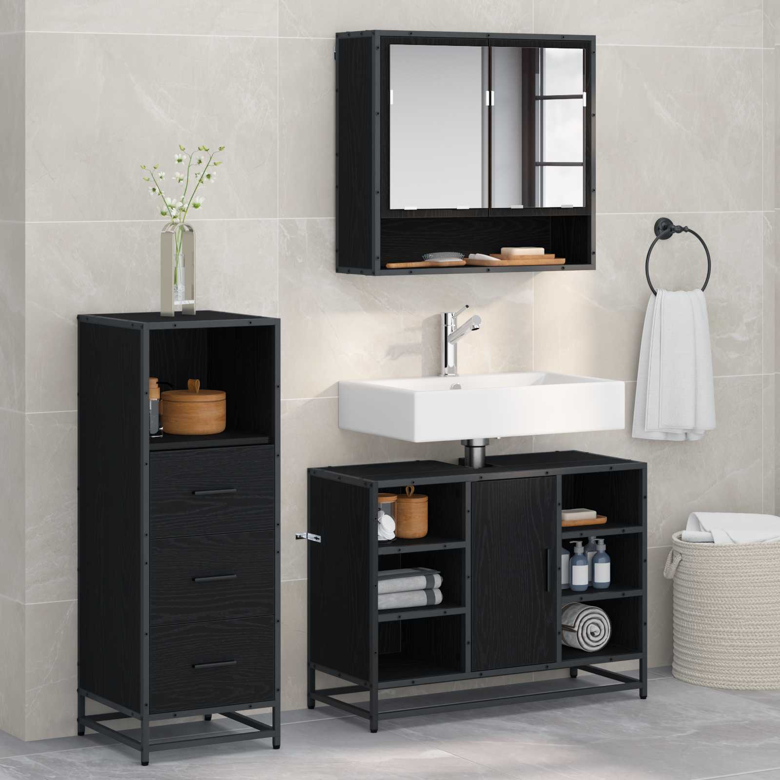 Badezimmermöbel-Set 3 pcs Schwarz Eichen-Optik Holzwerkstoff