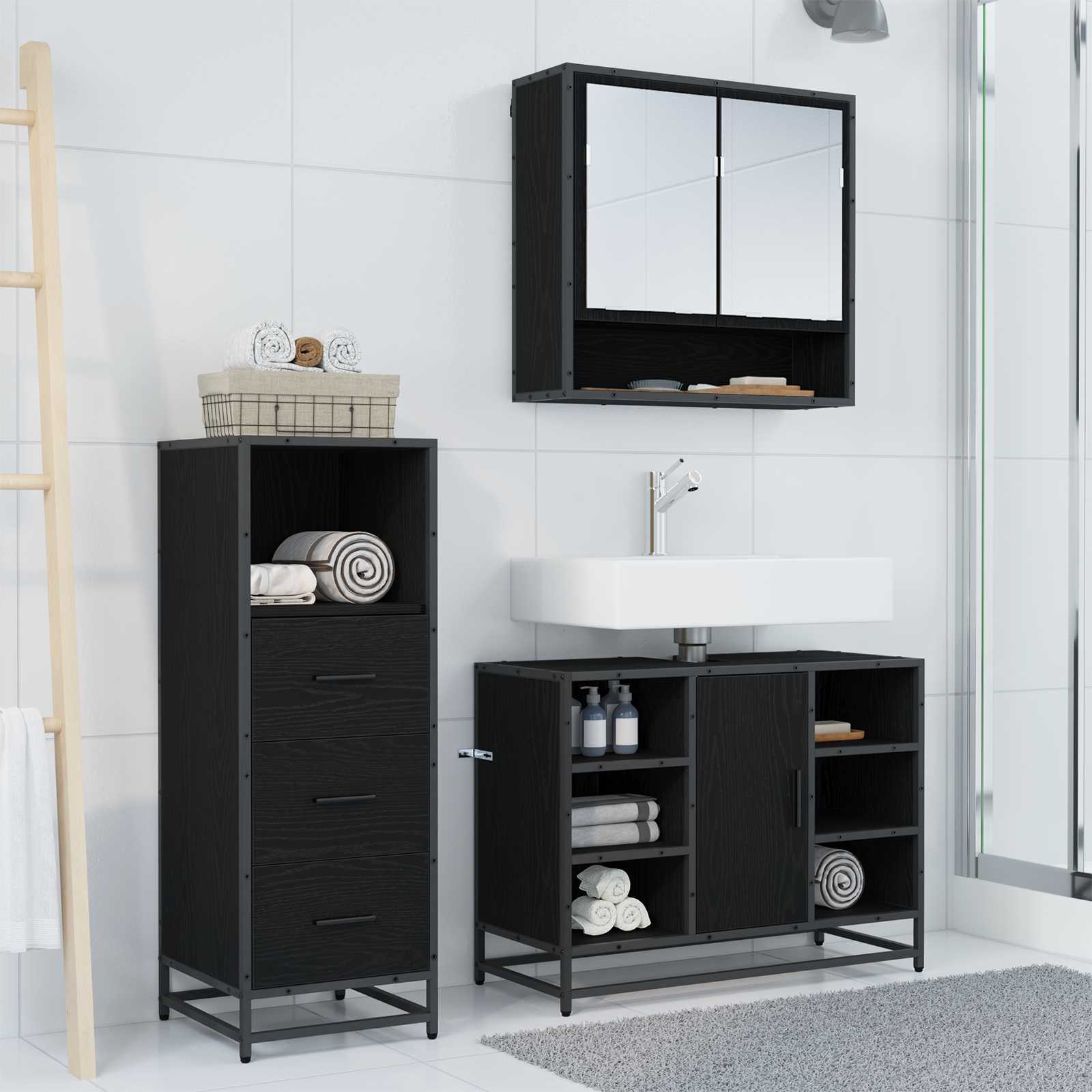 Badezimmermöbel-Set 3 pcs Schwarz Eichen-Optik Holzwerkstoff