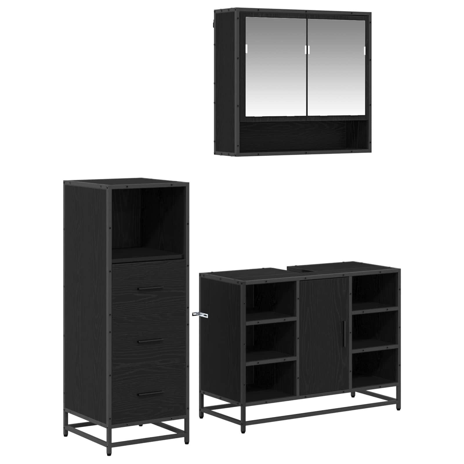 Badezimmermöbel-Set 3 pcs Schwarz Eichen-Optik Holzwerkstoff