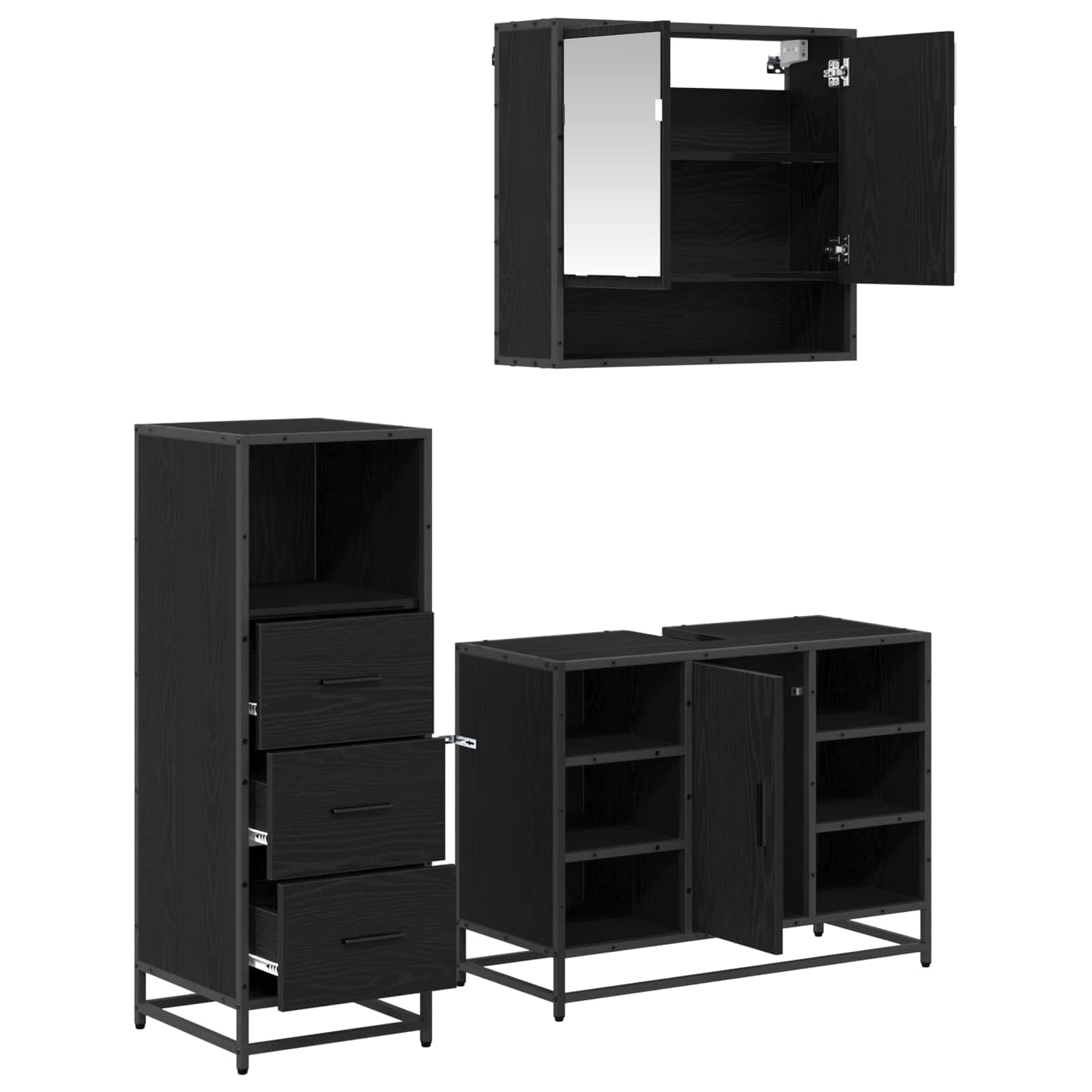 Badezimmermöbel-Set 3 pcs Schwarz Eichen-Optik Holzwerkstoff