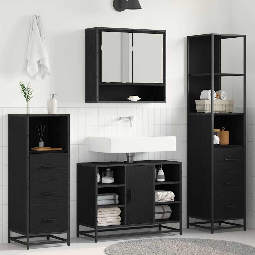 Badezimmermöbel-Set 3 pcs Schwarz Eichen-Optik Holzwerkstoff