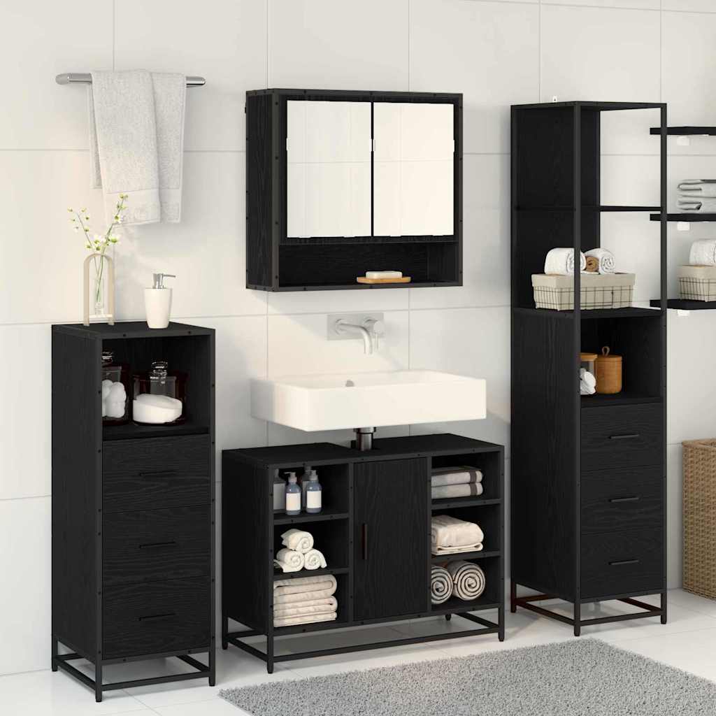 Badezimmermöbel-Set 3 pcs Schwarz Eichen-Optik Holzwerkstoff