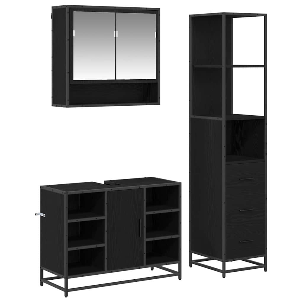 Badezimmermöbel-Set 3 pcs Schwarz Eichen-Optik Holzwerkstoff