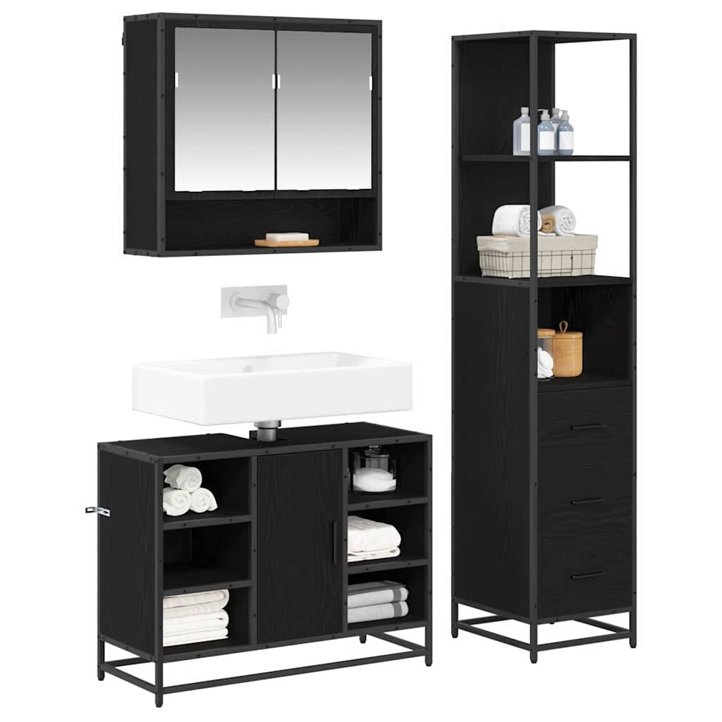Badezimmermöbel-Set 3 pcs Schwarz Eichen-Optik Holzwerkstoff