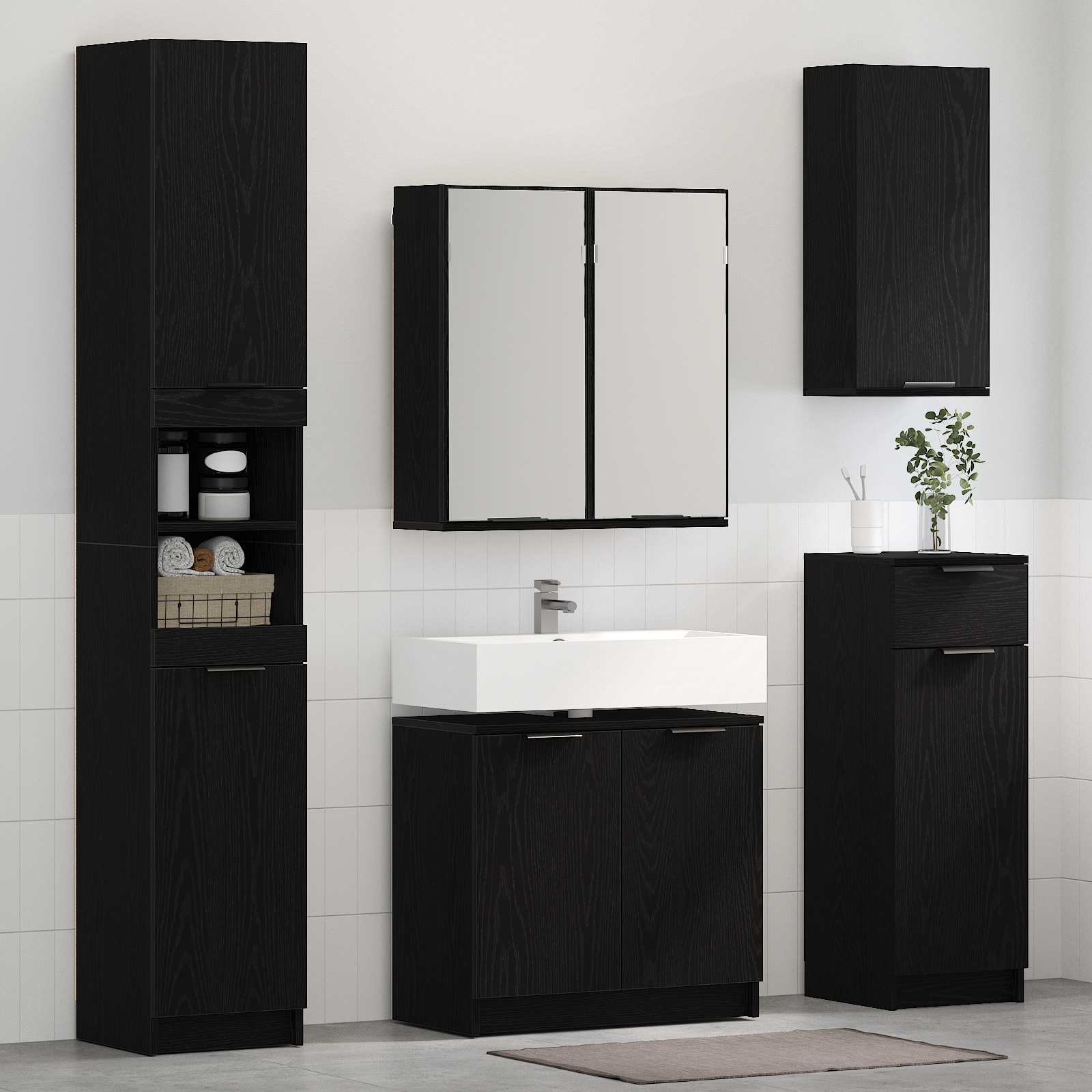Badezimmermöbel-Set 4 pcs Schwarz Eichen-Optik Holzwerkstoff