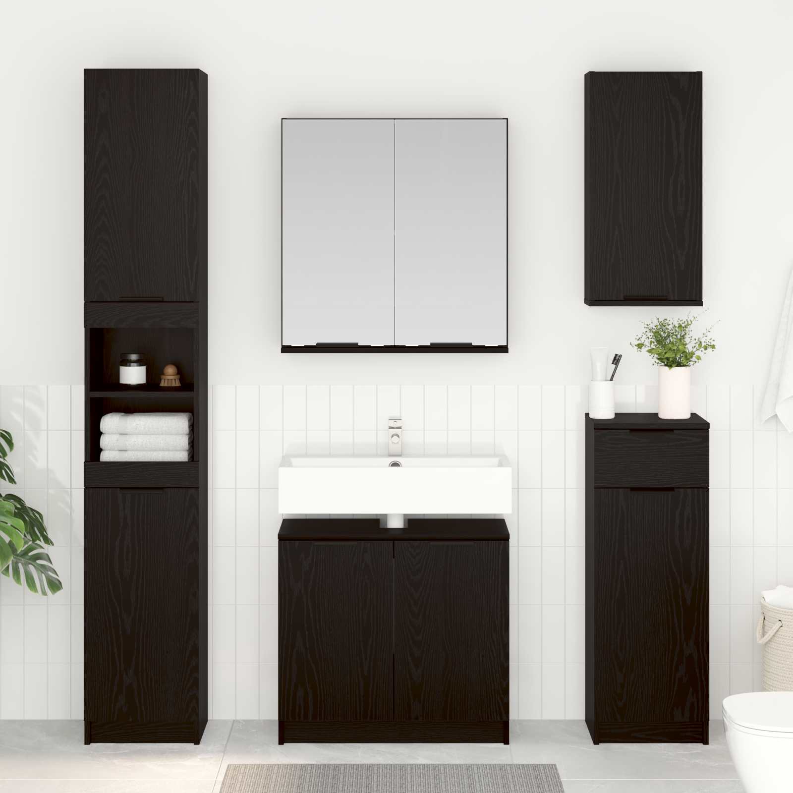 Badezimmermöbel-Set 4 pcs Schwarz Eichen-Optik Holzwerkstoff