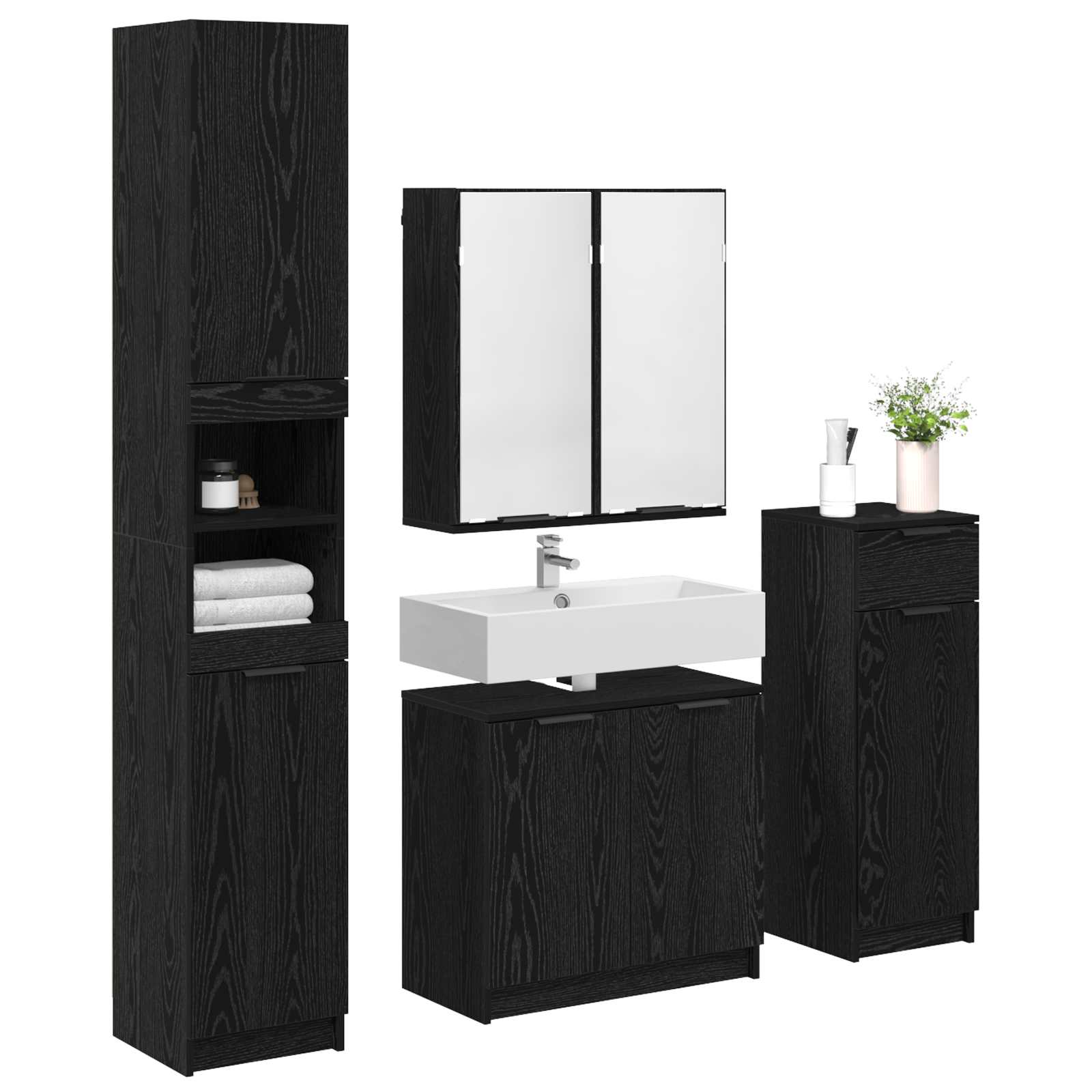 Badezimmermöbel-Set 4 pcs Schwarz Eichen-Optik Holzwerkstoff