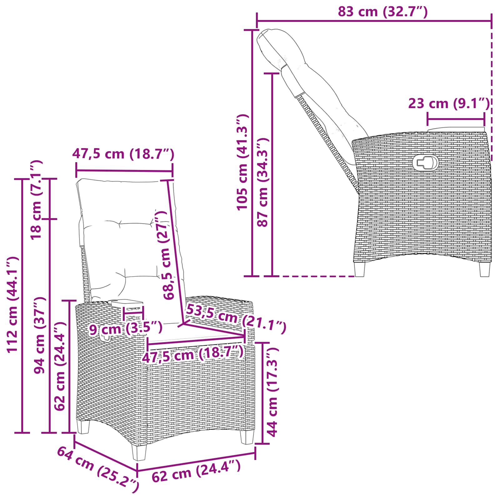 Liegestuhl mit Teeteller 62 x 64 x 112 cm Poly-Rattan